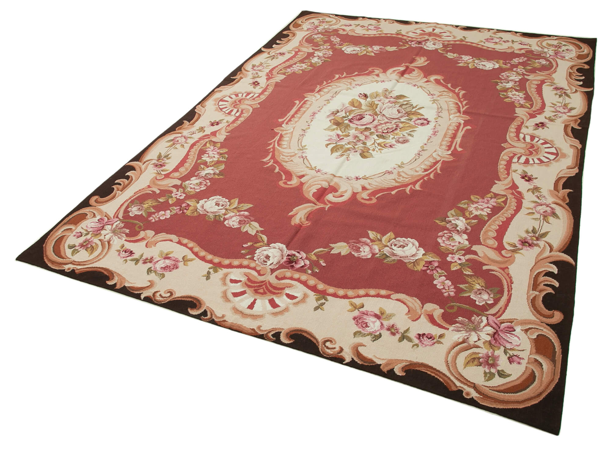 Handmade Wool Area Rug – Red Needlepoint Carpet With Classic Floral Design 5'10"x8'7"