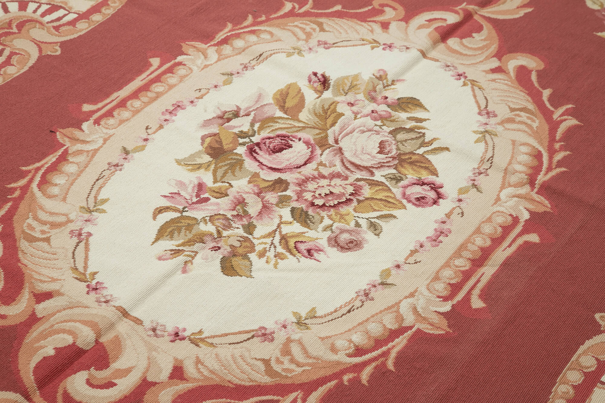 Handmade Wool Area Rug – Red Needlepoint Carpet With Classic Floral Design 5'10"x8'7"