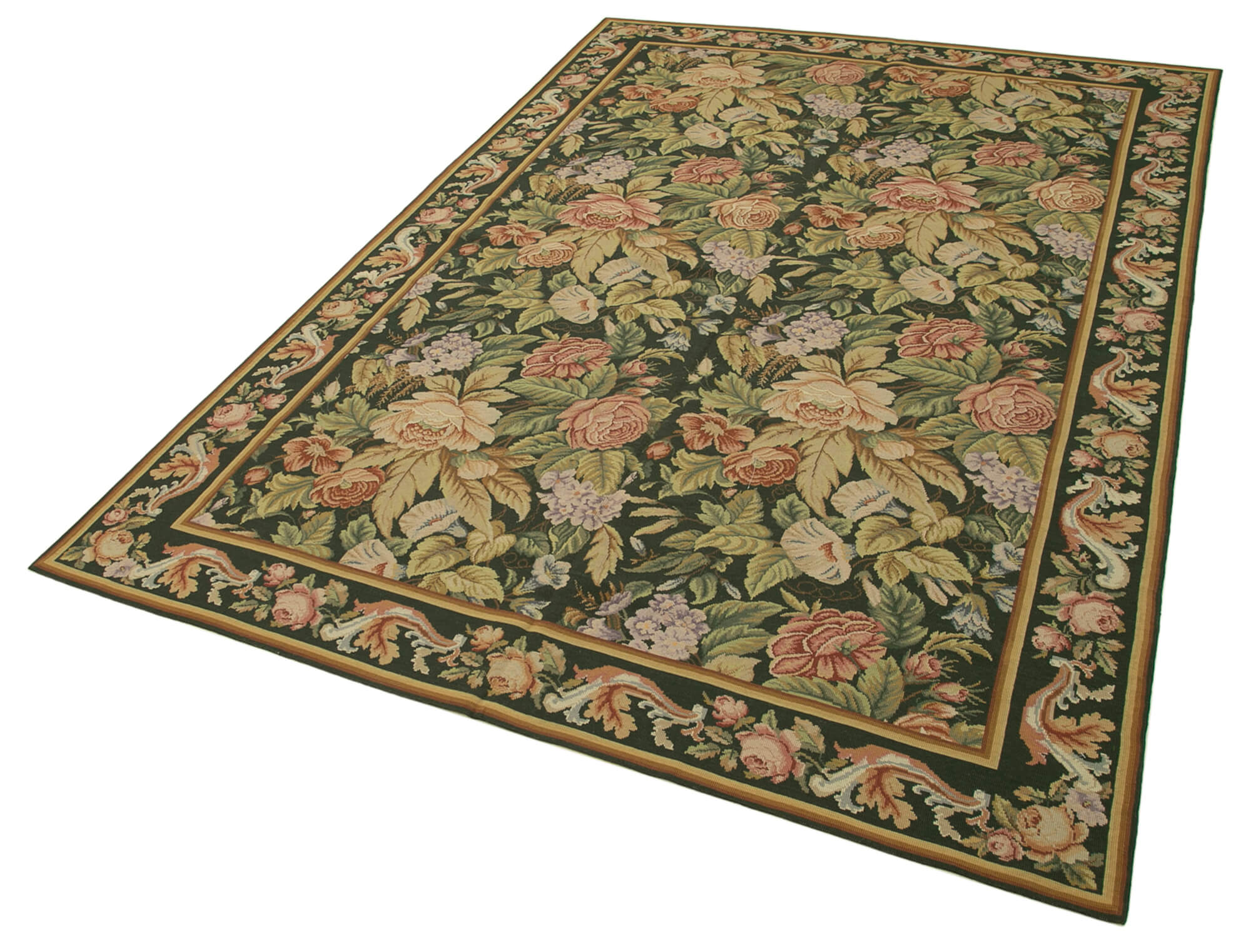 Handmade Floral Area Rug – Green Floral Rug, Turkish Hand Knotted Cotton Wool Blend 5'7''x8'5''