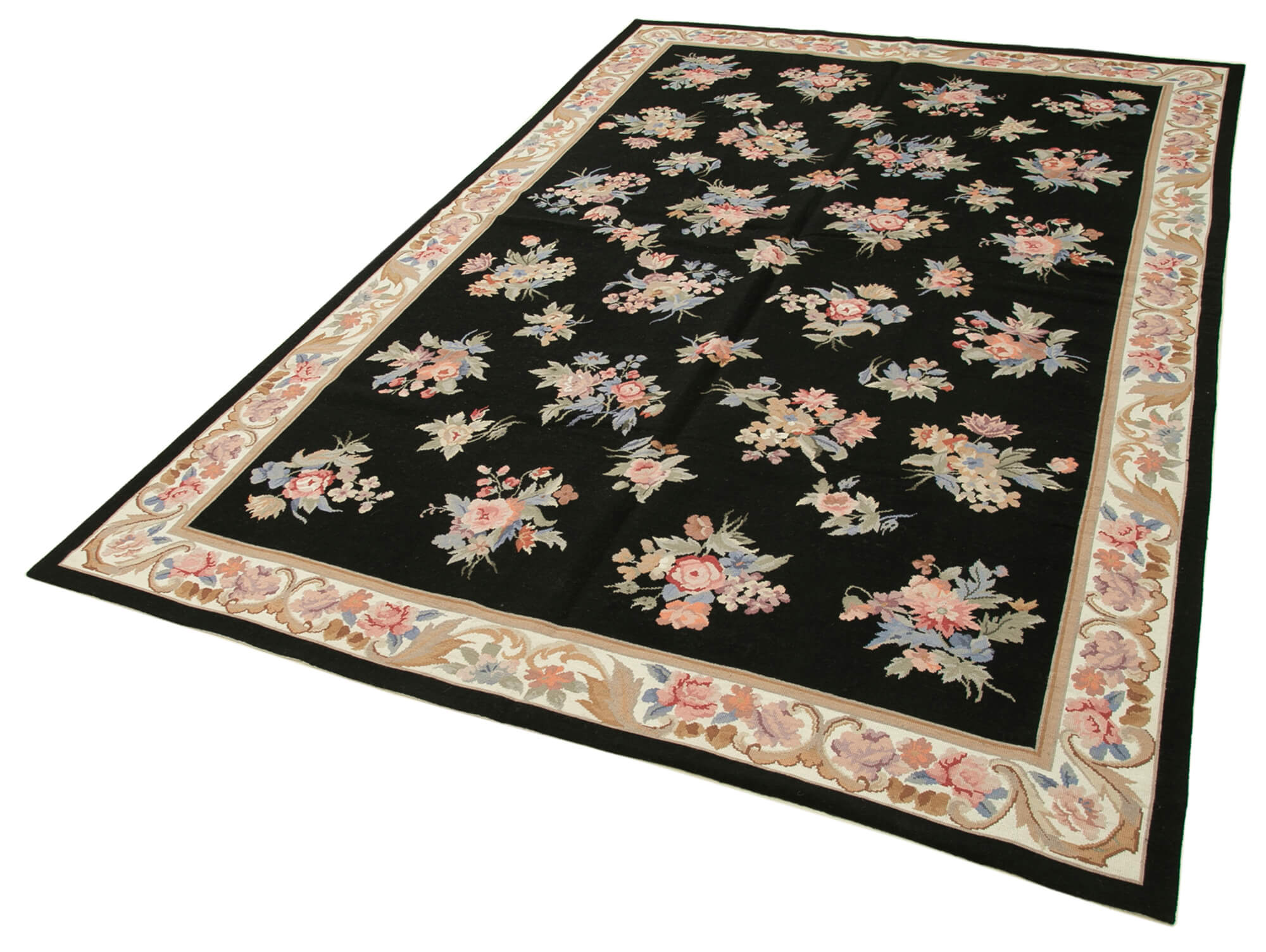 Handmade Wool Area Rug – Black Floral Pattern Cotton Wool Carpet 5'11''x9'0''