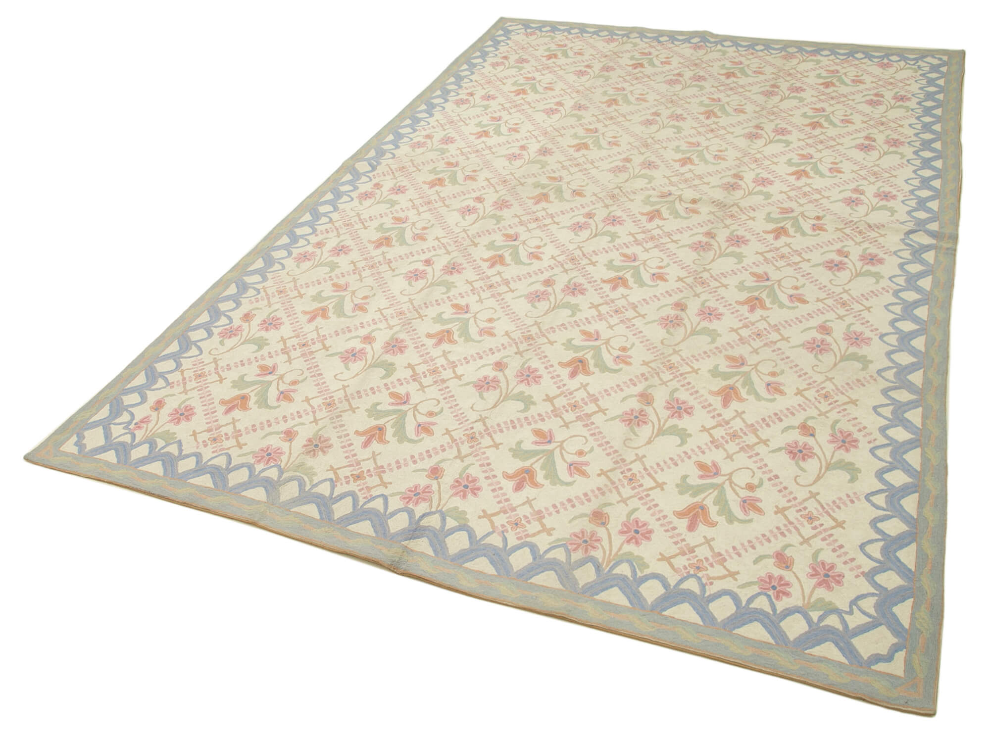 Handmade Floral Area Rug - Beige Floral Cotton Wool Carpet 6'x9'6'' | Turkish Hand Knotted