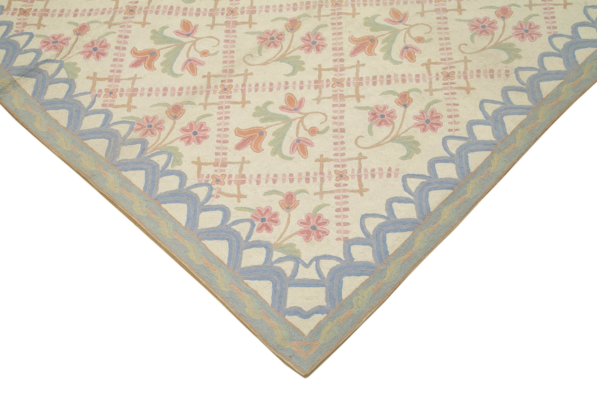 Handmade Floral Area Rug - Beige Floral Cotton Wool Carpet 6'x9'6'' | Turkish Hand Knotted