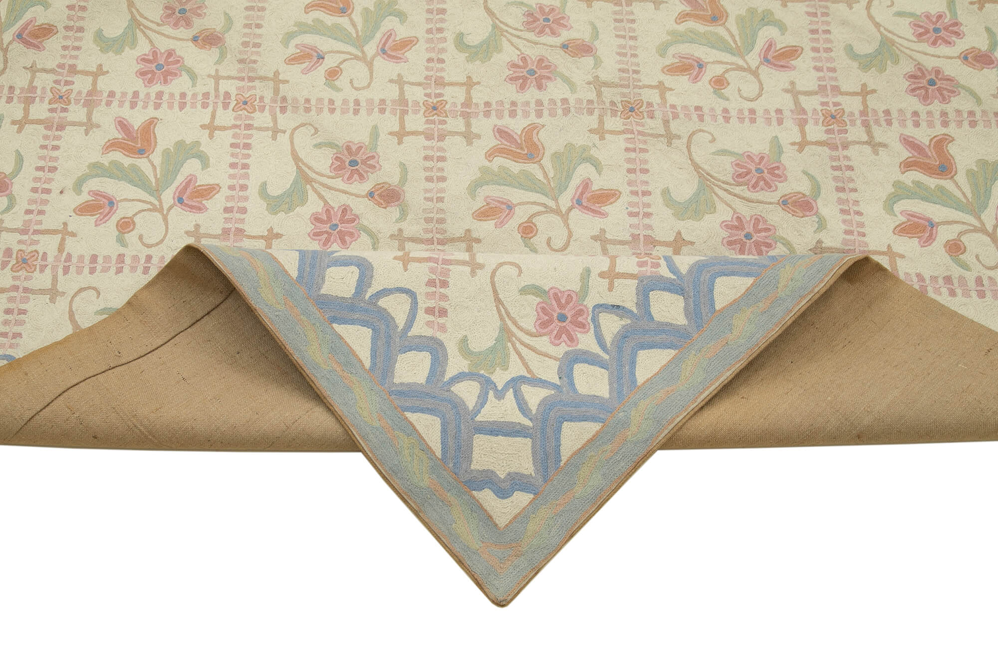 Handmade Floral Area Rug - Beige Floral Cotton Wool Carpet 6'x9'6'' | Turkish Hand Knotted