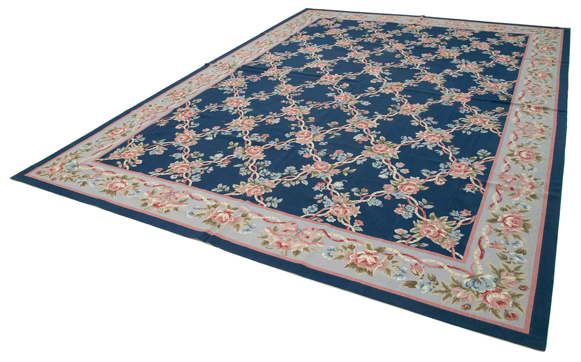 Handmade Wool Area Rug – Blue Floral Pattern Carpet | Cotton Wool Carpet 9'11'' x 13'8''
