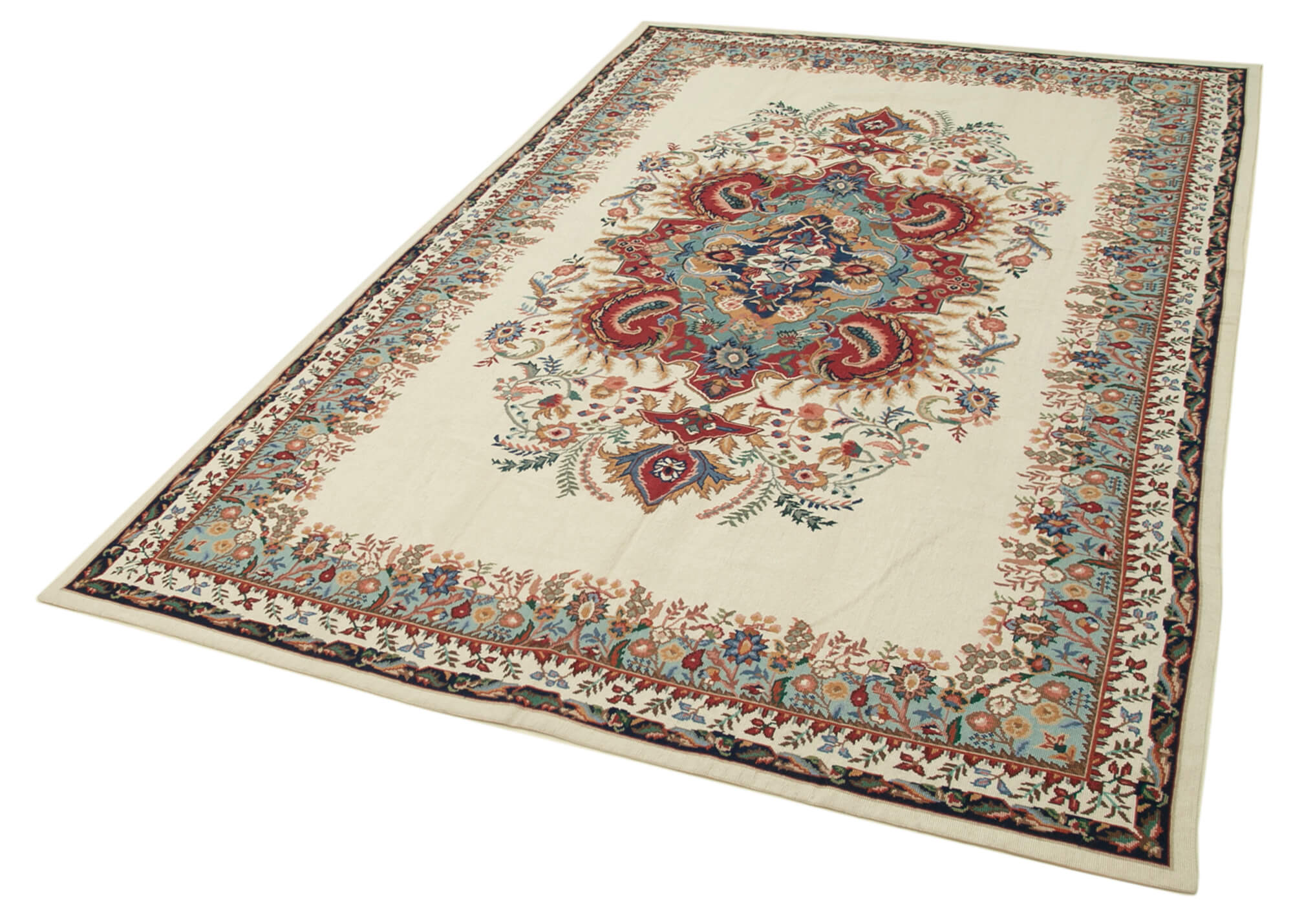 Handmade Wool Area Rug | Floral Beige Rug, Durable Cotton Weave, Soft Wool Texture 5'6" x 8'6"