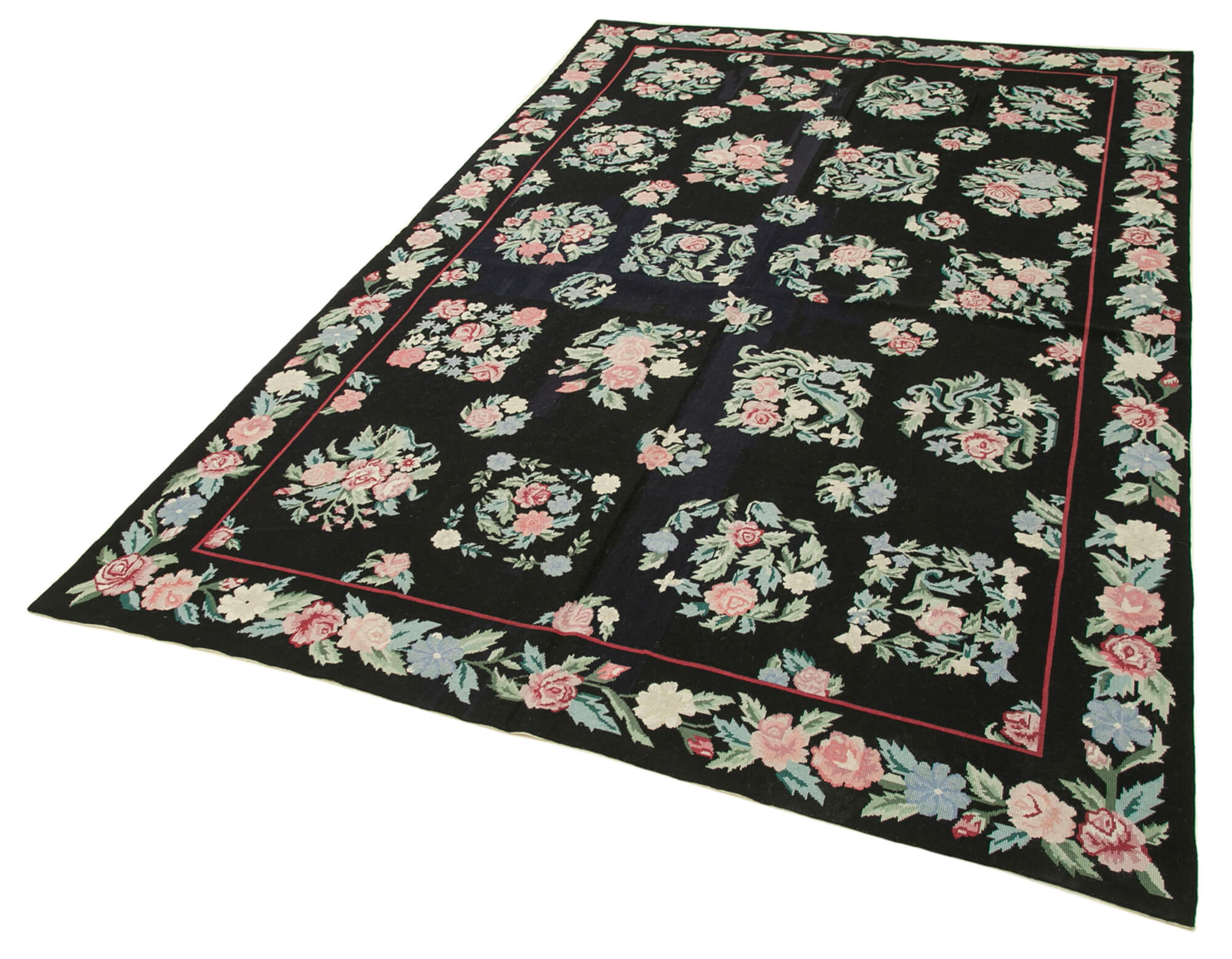 Handmade Floral Area Rug – Black Needlepoint Floral Pattern Rug 5'9" x 8'9"