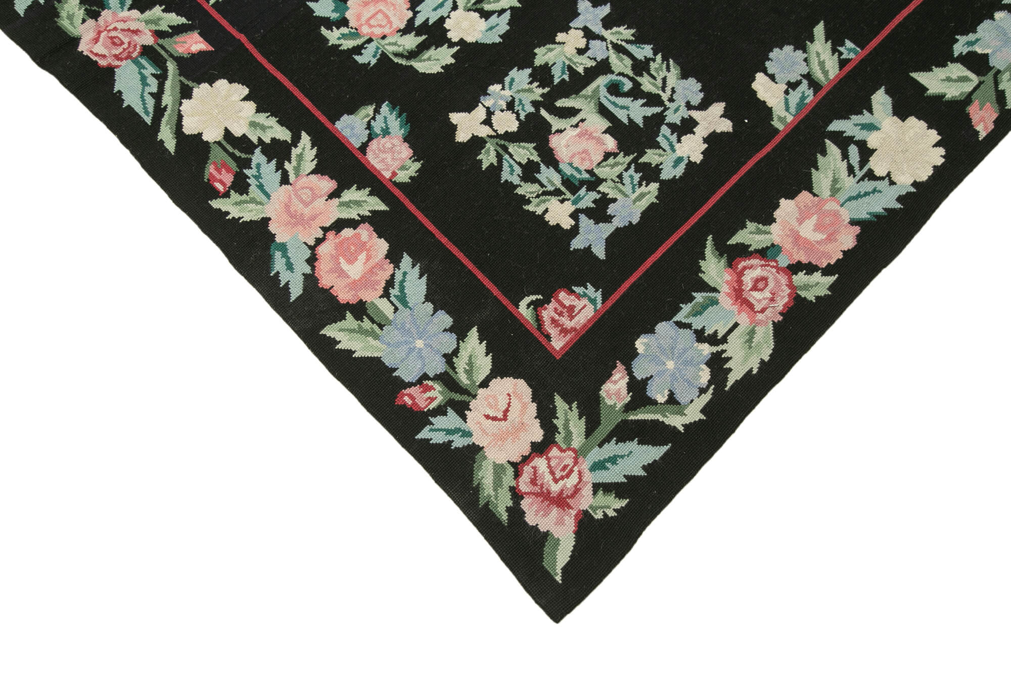 Handmade Floral Area Rug – Black Needlepoint Floral Pattern Rug 5'9" x 8'9"