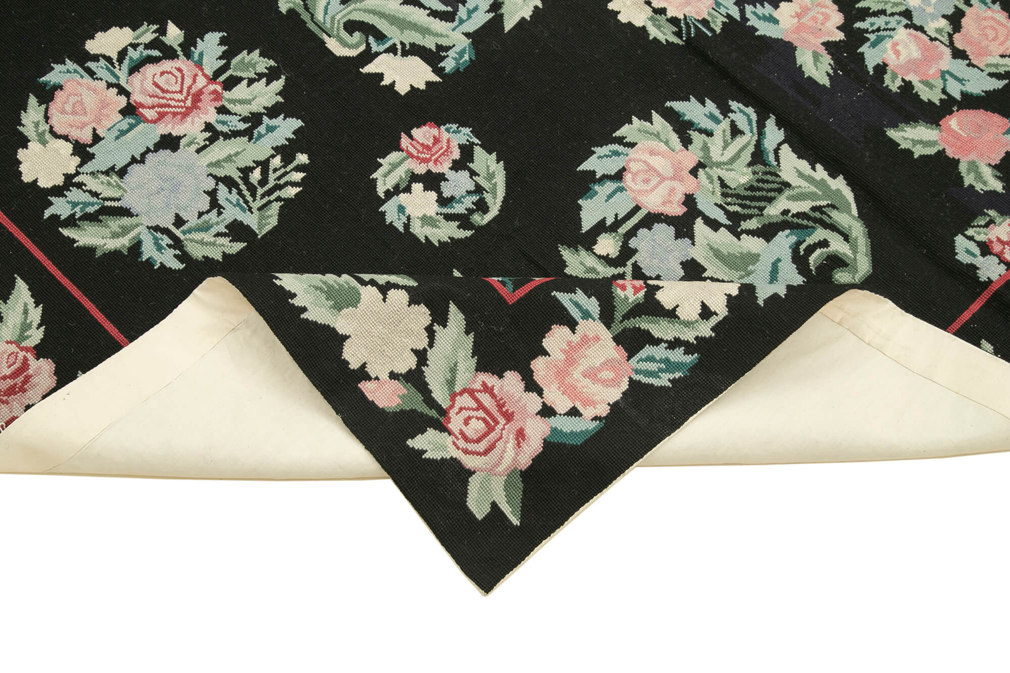 Handmade Floral Area Rug – Black Needlepoint Floral Pattern Rug 5'9" x 8'9"