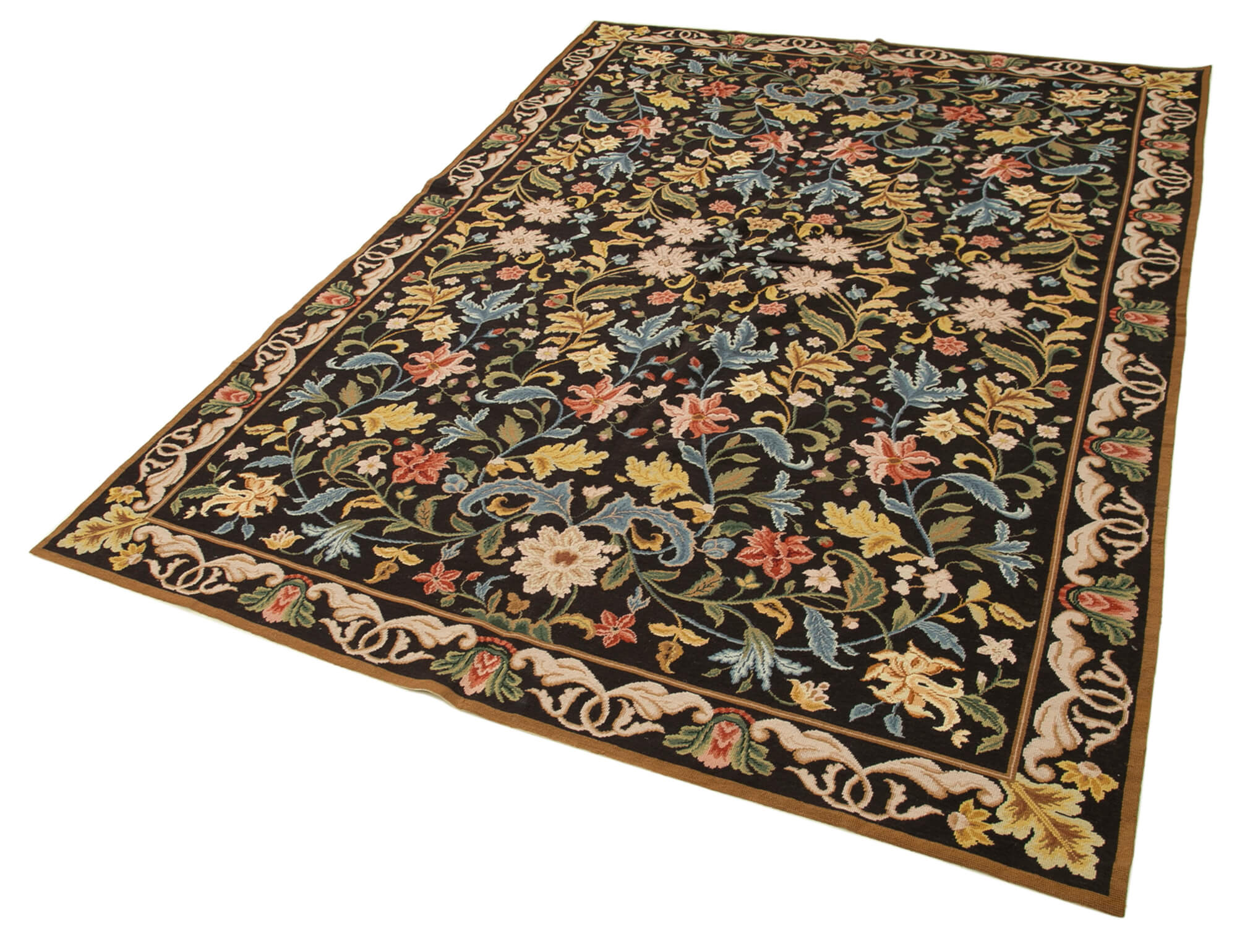 Handmade Area Rug – Black Floral Cotton Wool Rug 6x9 Vintage Handwoven Carpet