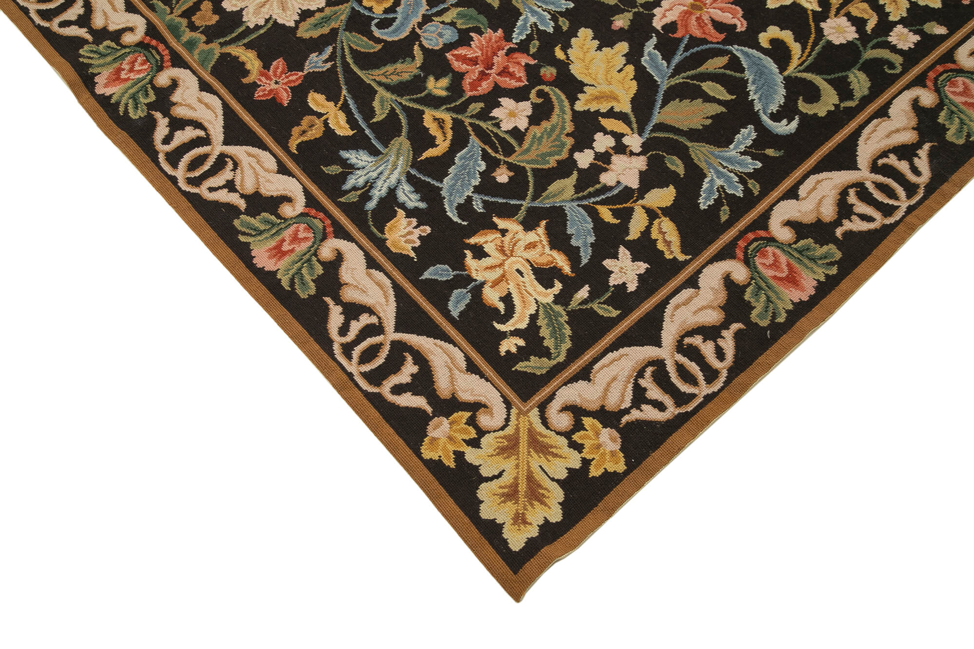 Handmade Area Rug – Black Floral Cotton Wool Rug 6x9 Vintage Handwoven Carpet