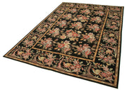 Handmade Area Rug | Black Floral Needlepoint Rug - Vintage Wool Carpet 6'x9'