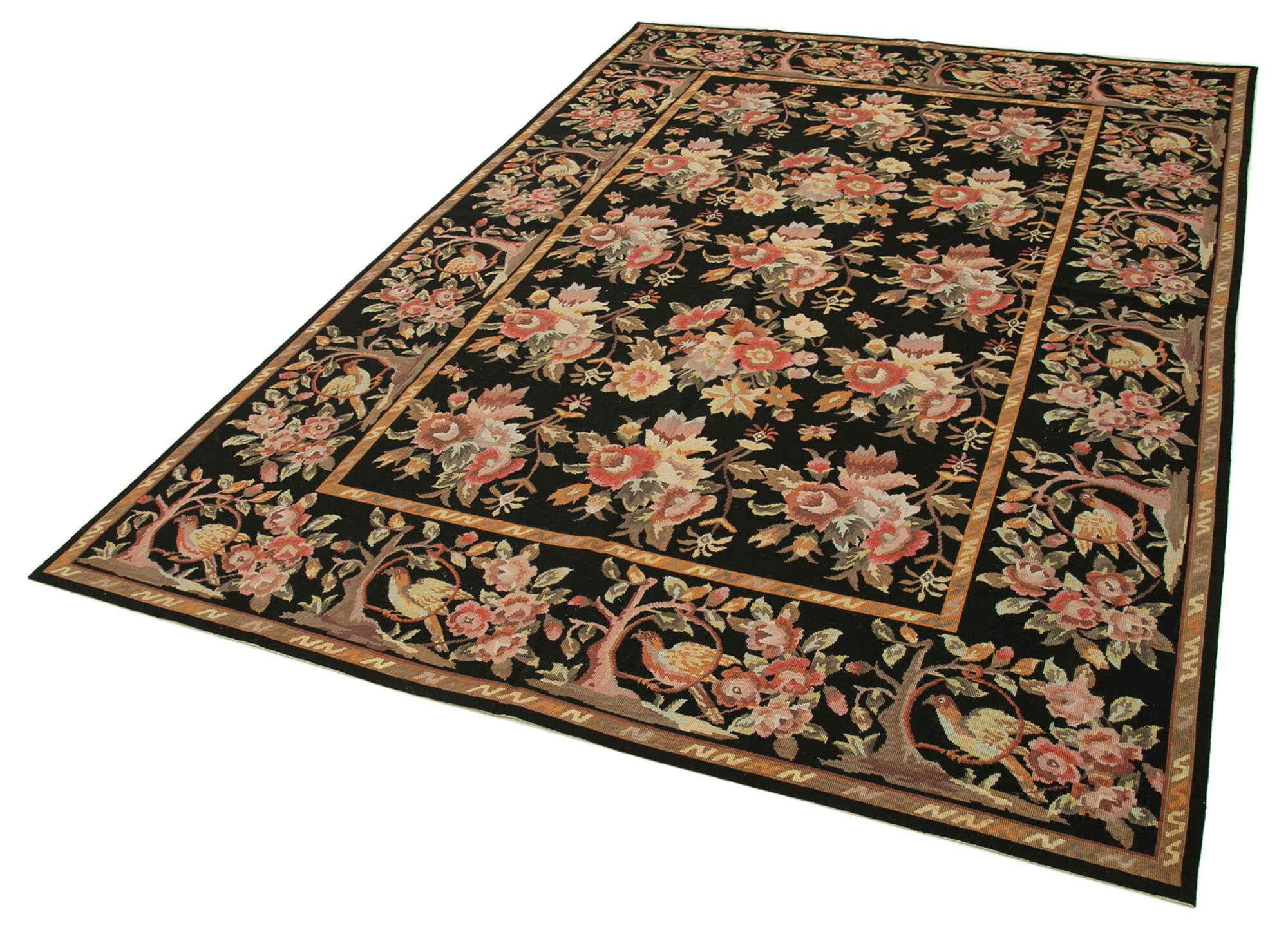 Handmade Area Rug | Black Floral Needlepoint Rug - Vintage Wool Carpet 6'x9'