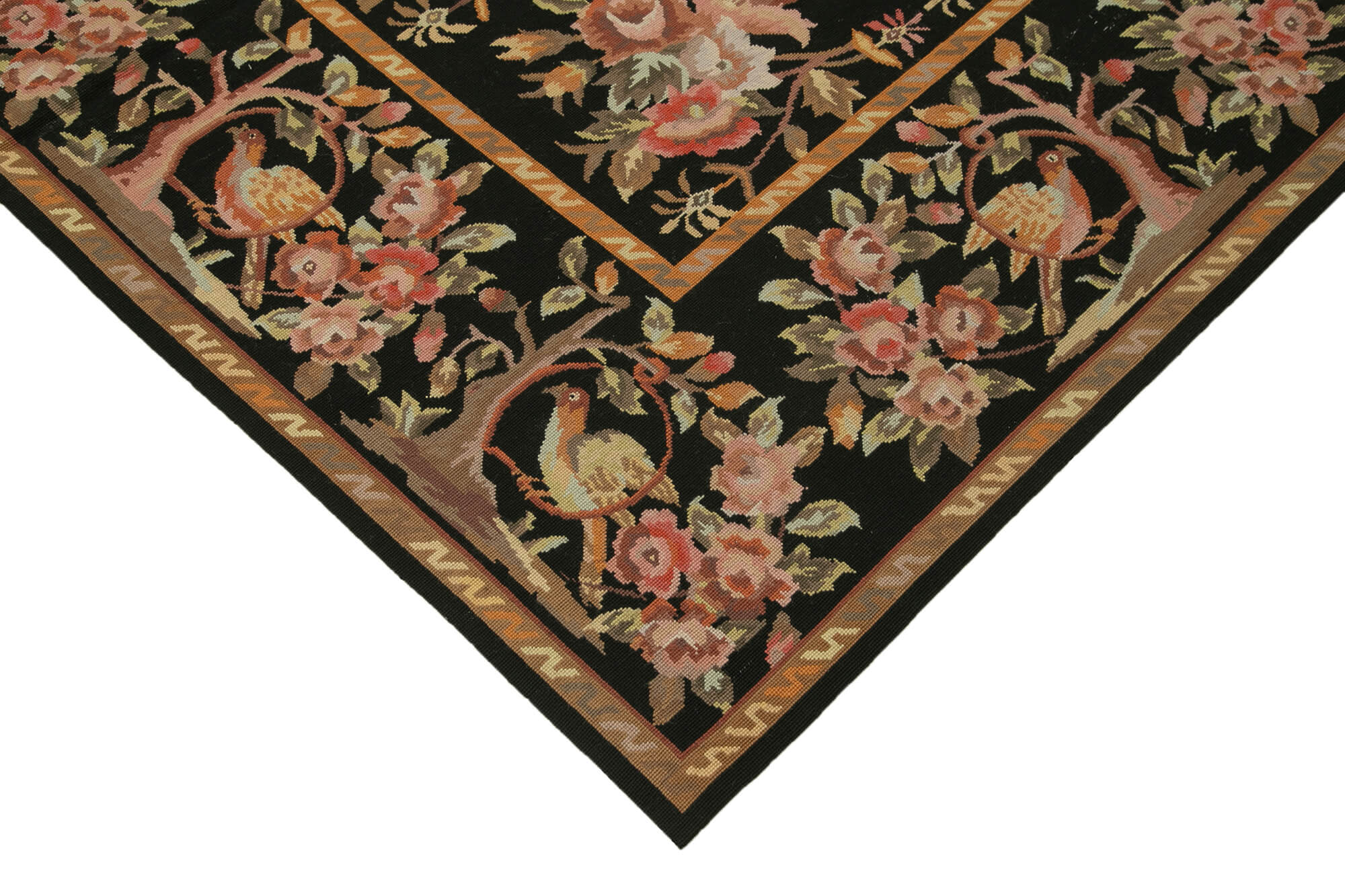 Handmade Area Rug | Black Floral Needlepoint Rug - Vintage Wool Carpet 6'x9'