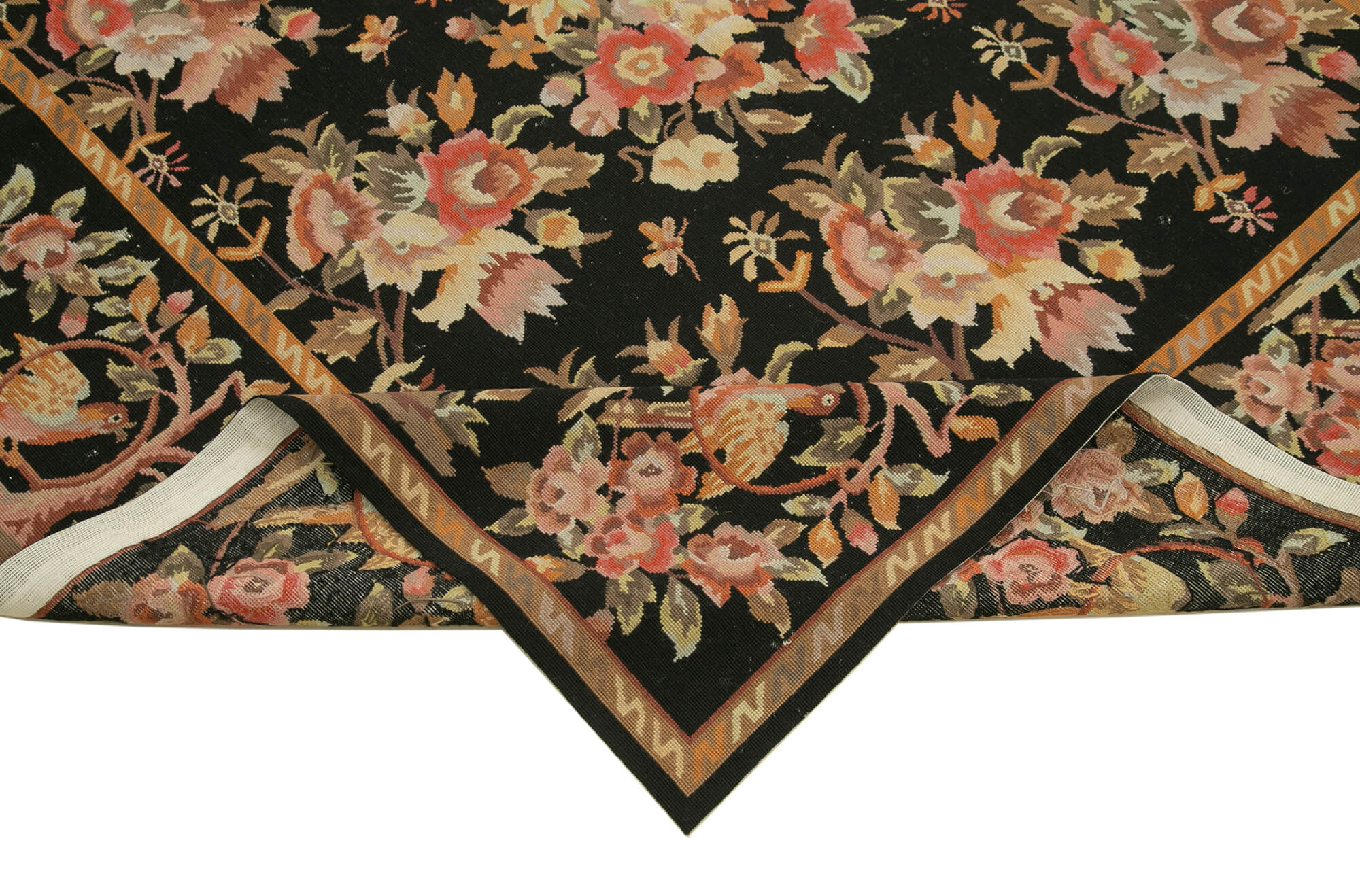 Handmade Area Rug | Black Floral Needlepoint Rug - Vintage Wool Carpet 6'x9'