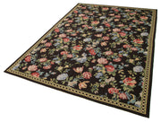 Handmade Wool Area Rug – Black Floral Cotton Wool Carpet, Vintage Turkish Design 5'10"x8'11"