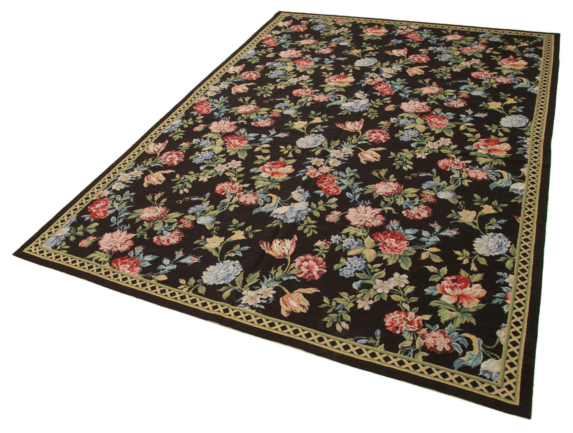 Handmade Wool Area Rug – Black Floral Cotton Wool Carpet, Vintage Turkish Design 5'10"x8'11"