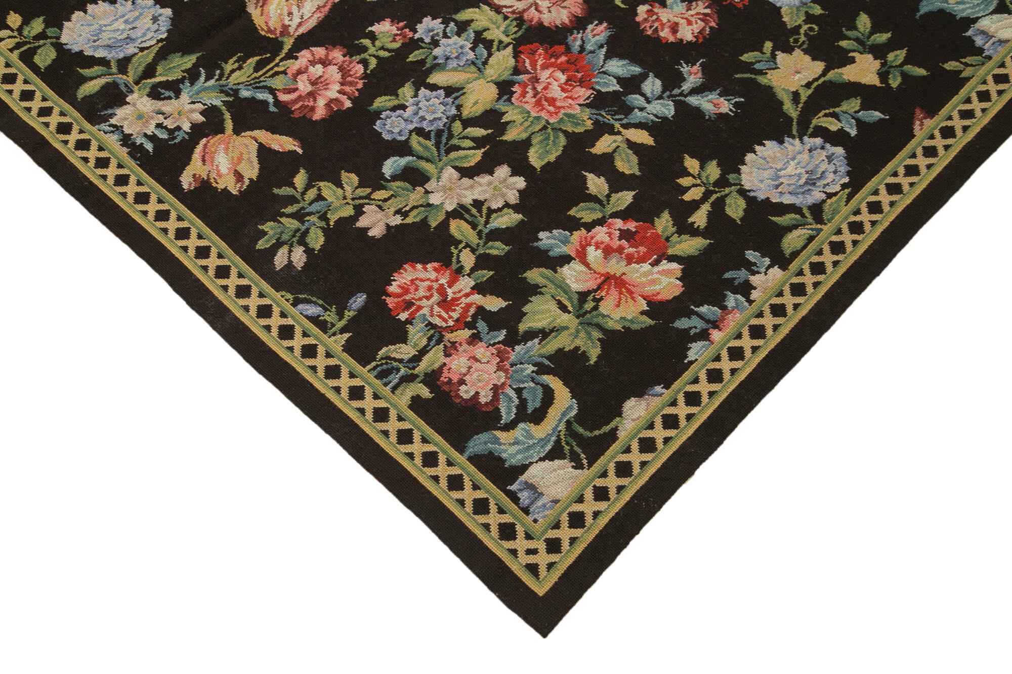 Handmade Wool Area Rug – Black Floral Cotton Wool Carpet, Vintage Turkish Design 5'10"x8'11"