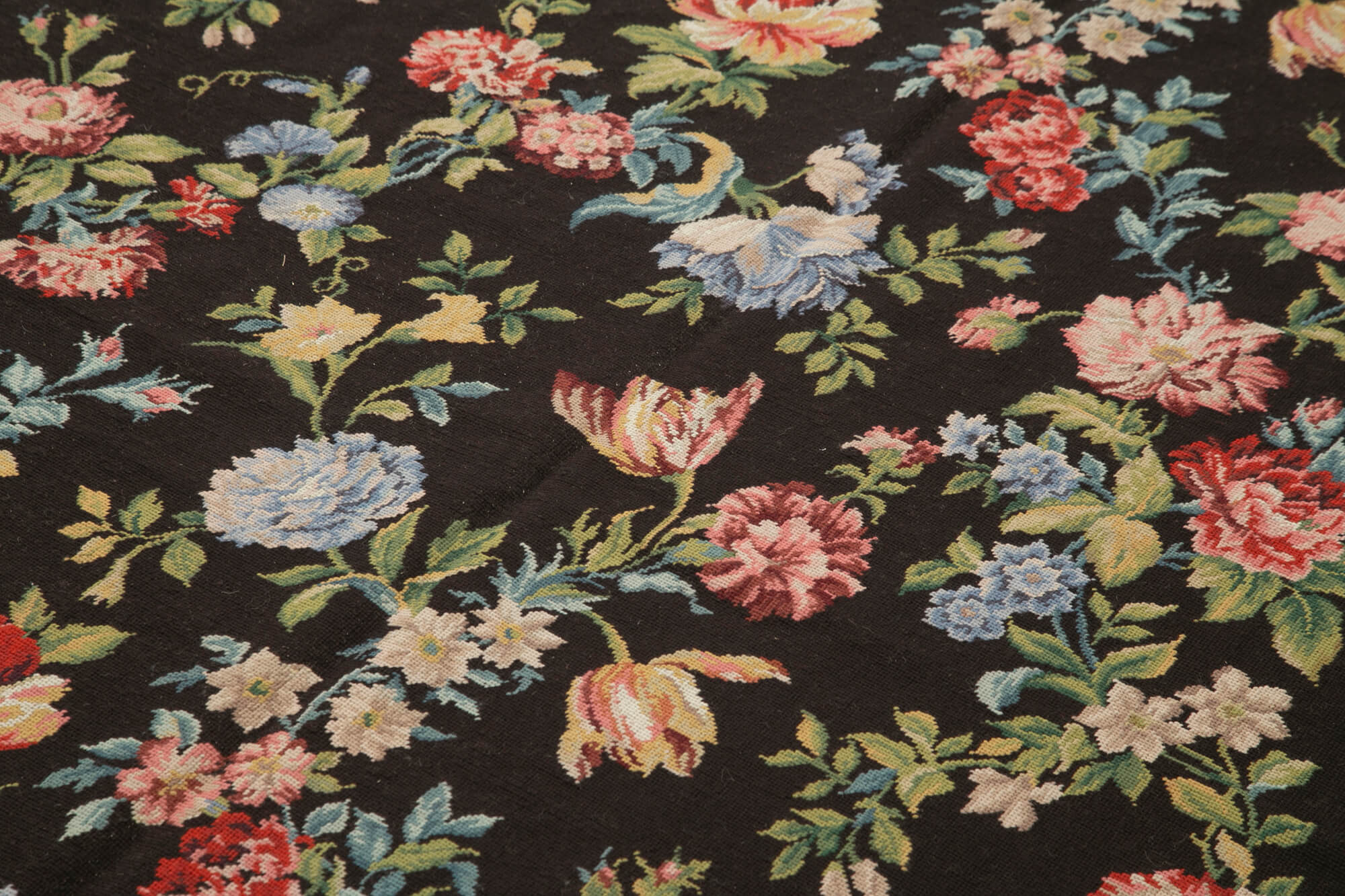 Handmade Wool Area Rug – Black Floral Cotton Wool Carpet, Vintage Turkish Design 5'10"x8'11"
