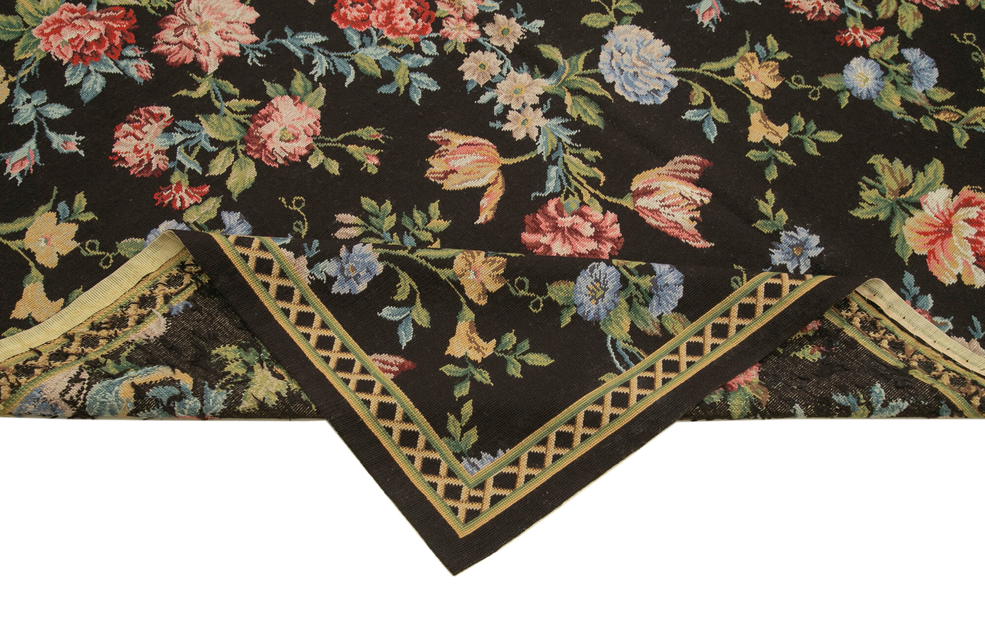 Handmade Wool Area Rug – Black Floral Cotton Wool Carpet, Vintage Turkish Design 5'10"x8'11"