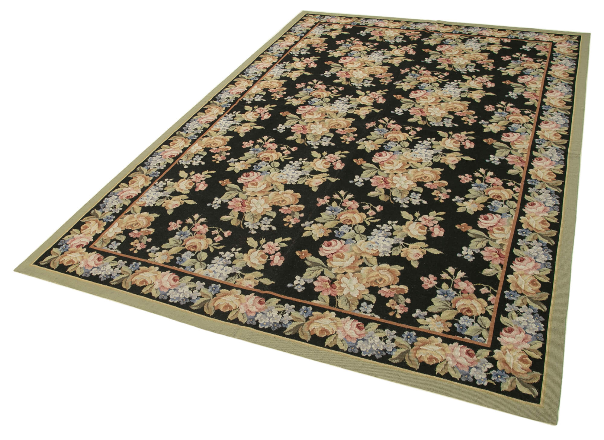 Handmade Wool Area Rug – Vintage Floral Black Rug With Ornate Pattern 5'11''x8'11''