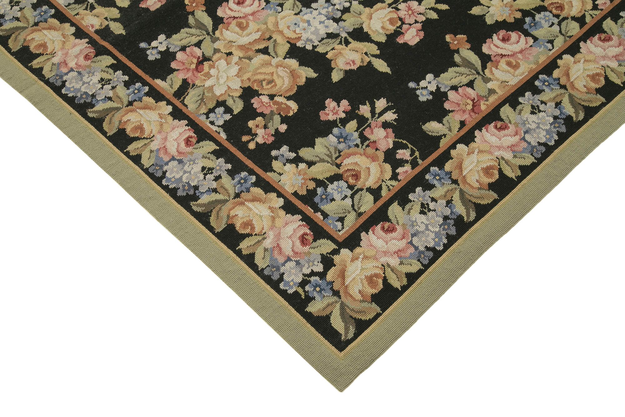 Handmade Wool Area Rug – Vintage Floral Black Rug With Ornate Pattern 5'11''x8'11''