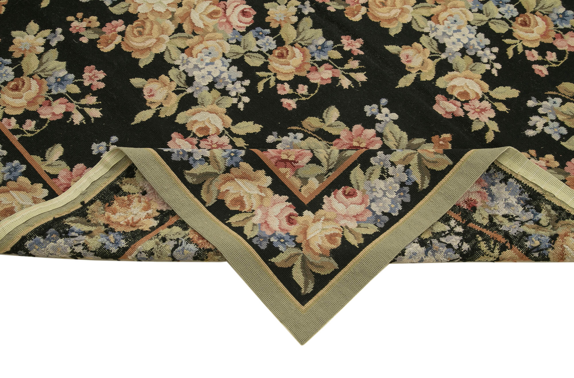 Handmade Wool Area Rug – Vintage Floral Black Rug With Ornate Pattern 5'11''x8'11''