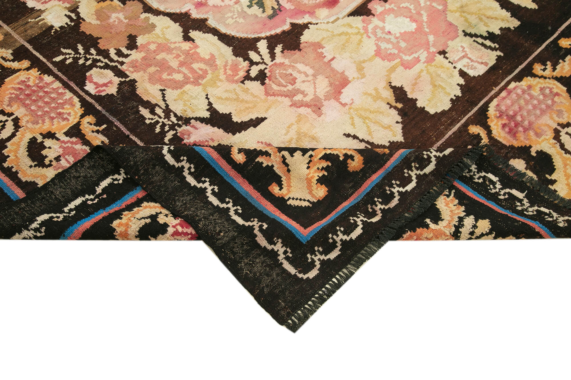Handmade Wool Rug – Moldovian Black Floral Cotton & Goat Hair Area Rug 6'10''x9'7''