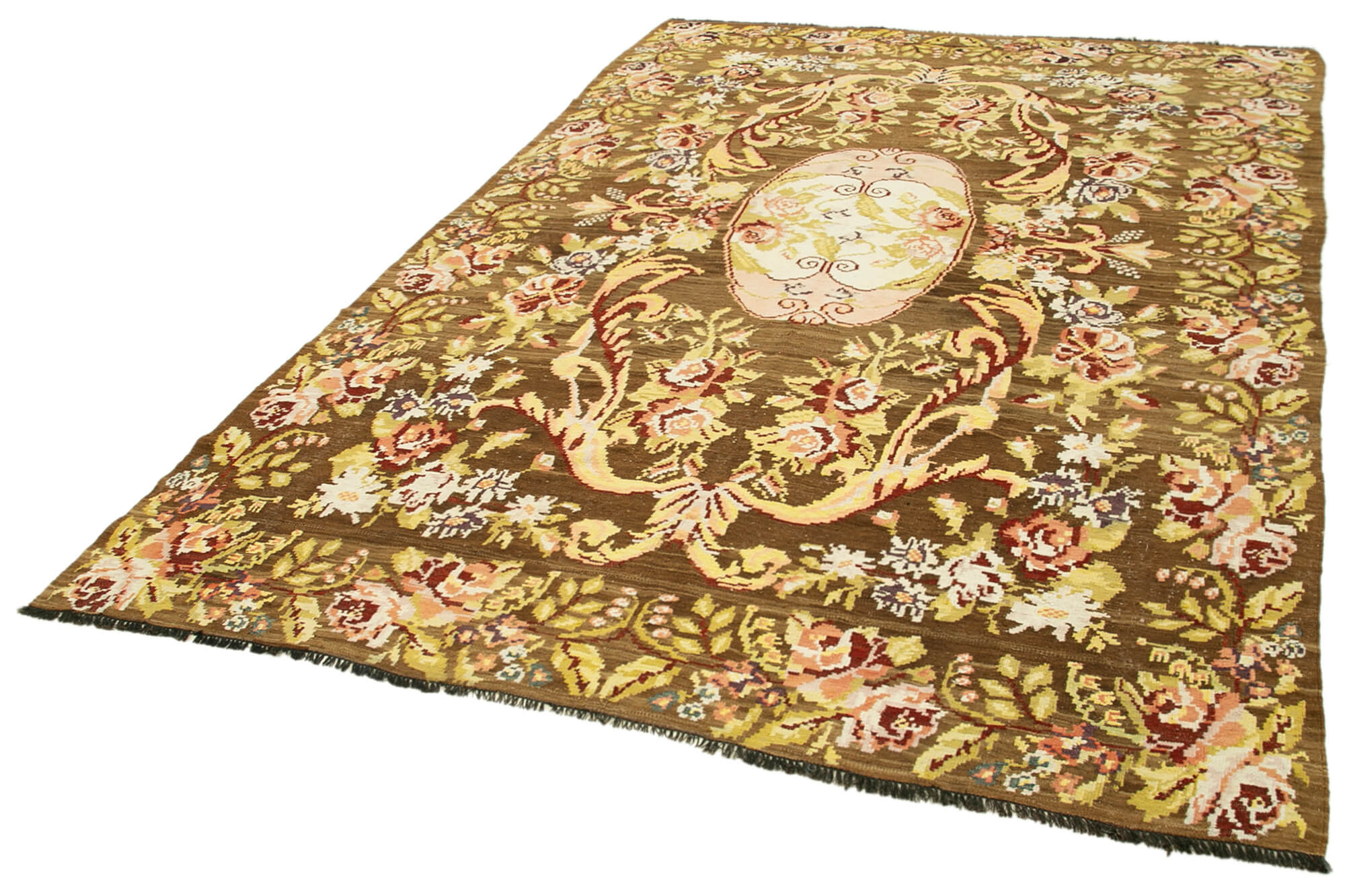 Handmade Wool Area Rug – Vintage Floral Rug Brown Floral Design 6'9''x10'10''