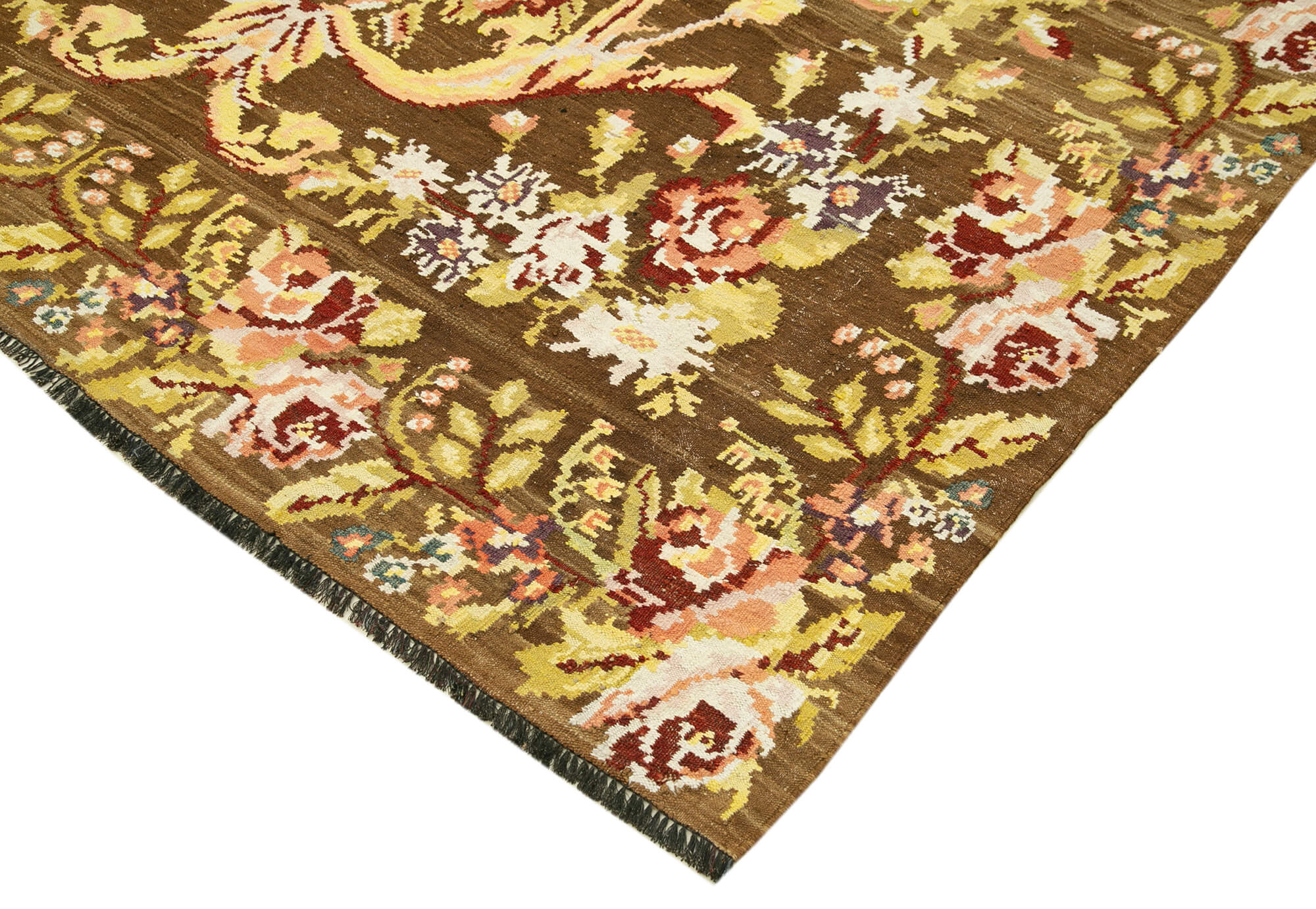 Handmade Wool Area Rug – Vintage Floral Rug Brown Floral Design 6'9''x10'10''