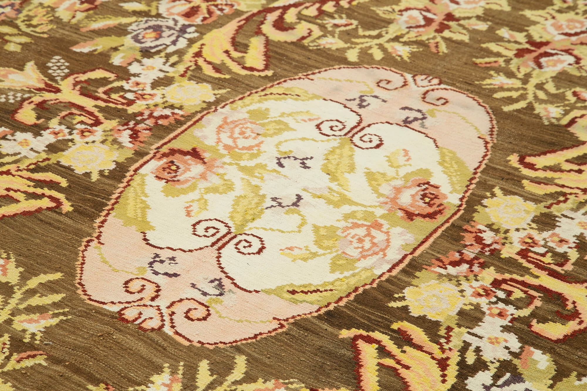 Handmade Wool Area Rug – Vintage Floral Rug Brown Floral Design 6'9''x10'10''