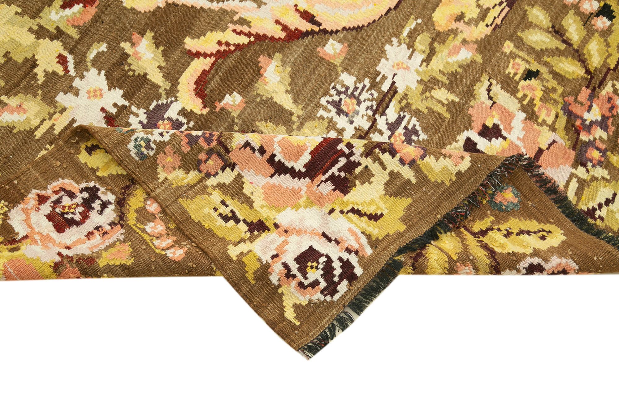 Handmade Wool Area Rug – Vintage Floral Rug Brown Floral Design 6'9''x10'10''