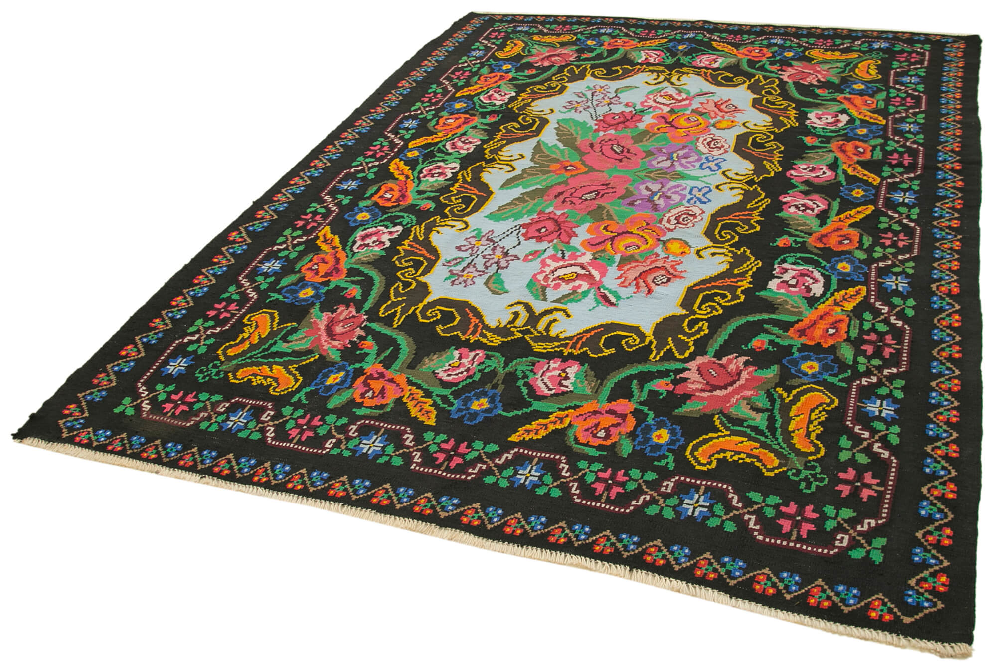 Handmade Wool Rug – Black Floral Vintage Area Rug 6'6'' x 8'11'' | Artisan Crafted