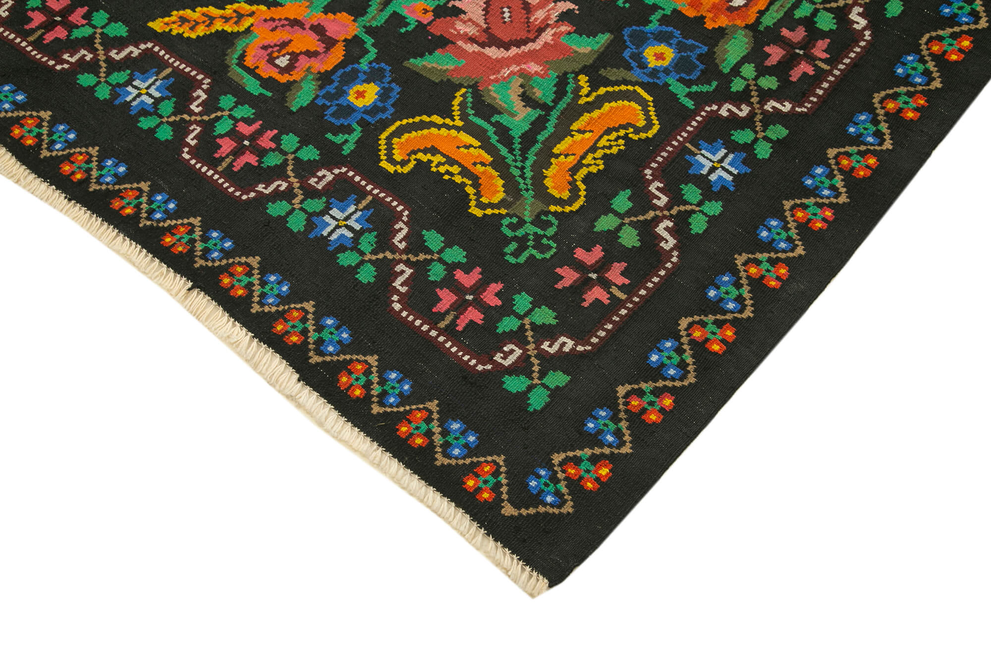 Handmade Wool Rug – Black Floral Vintage Area Rug 6'6'' x 8'11'' | Artisan Crafted