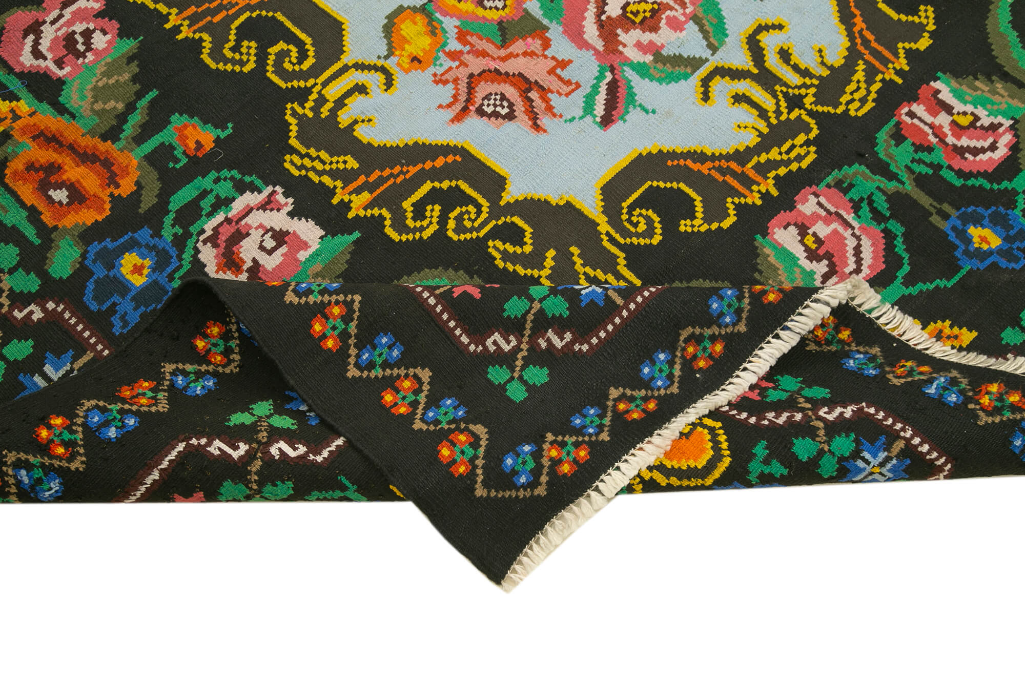 Handmade Wool Rug – Black Floral Vintage Area Rug 6'6'' x 8'11'' | Artisan Crafted