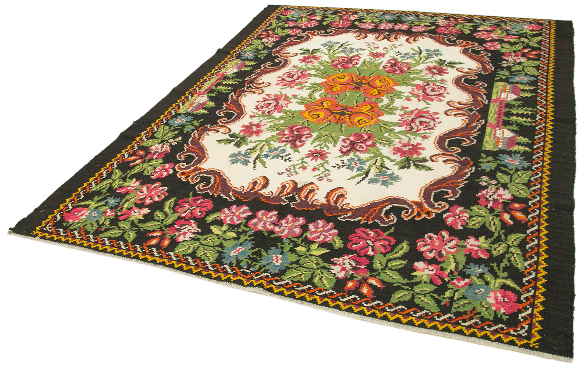 Handmade Wool Rug – Vintage Black Floral Design Cotton Wool Carpet 6'10''x8'10''