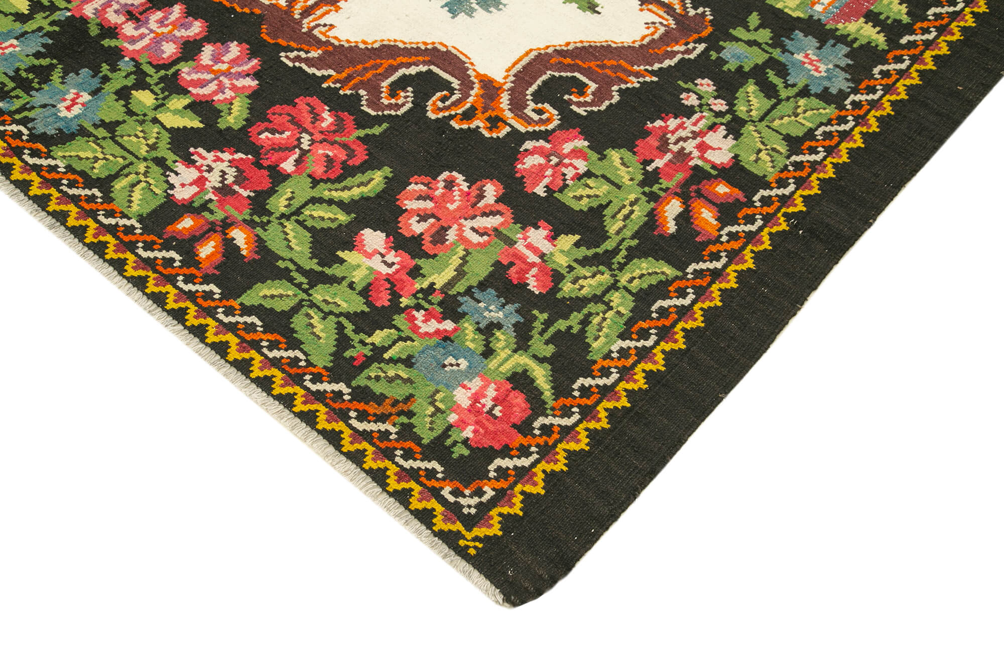 Handmade Wool Rug – Vintage Black Floral Design Cotton Wool Carpet 6'10''x8'10''
