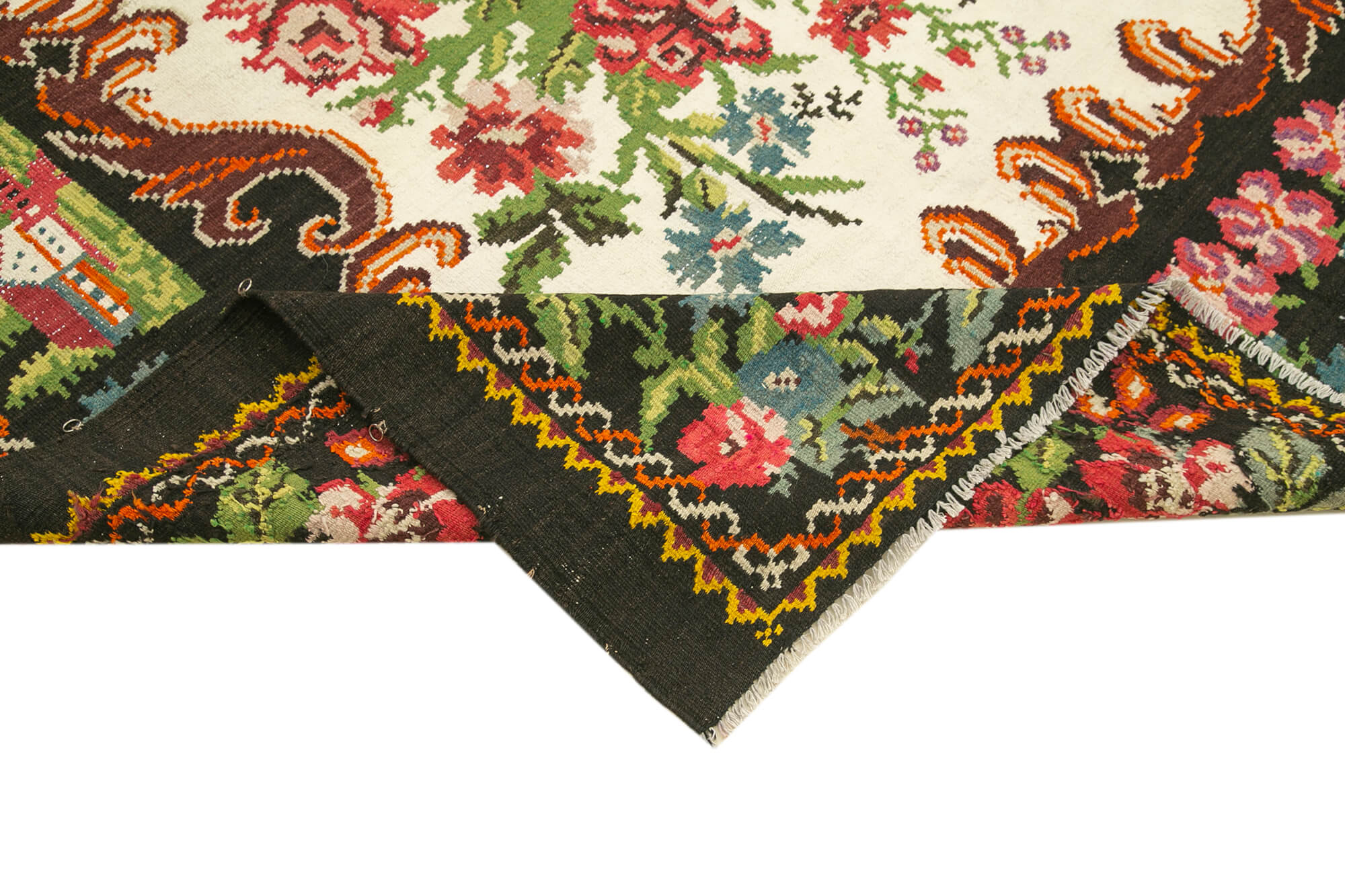 Handmade Wool Rug – Vintage Black Floral Design Cotton Wool Carpet 6'10''x8'10''