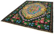 Handmade Wool Rug - Black Floral Design Vintage Hand Woven Rug 7'7''x10'4''