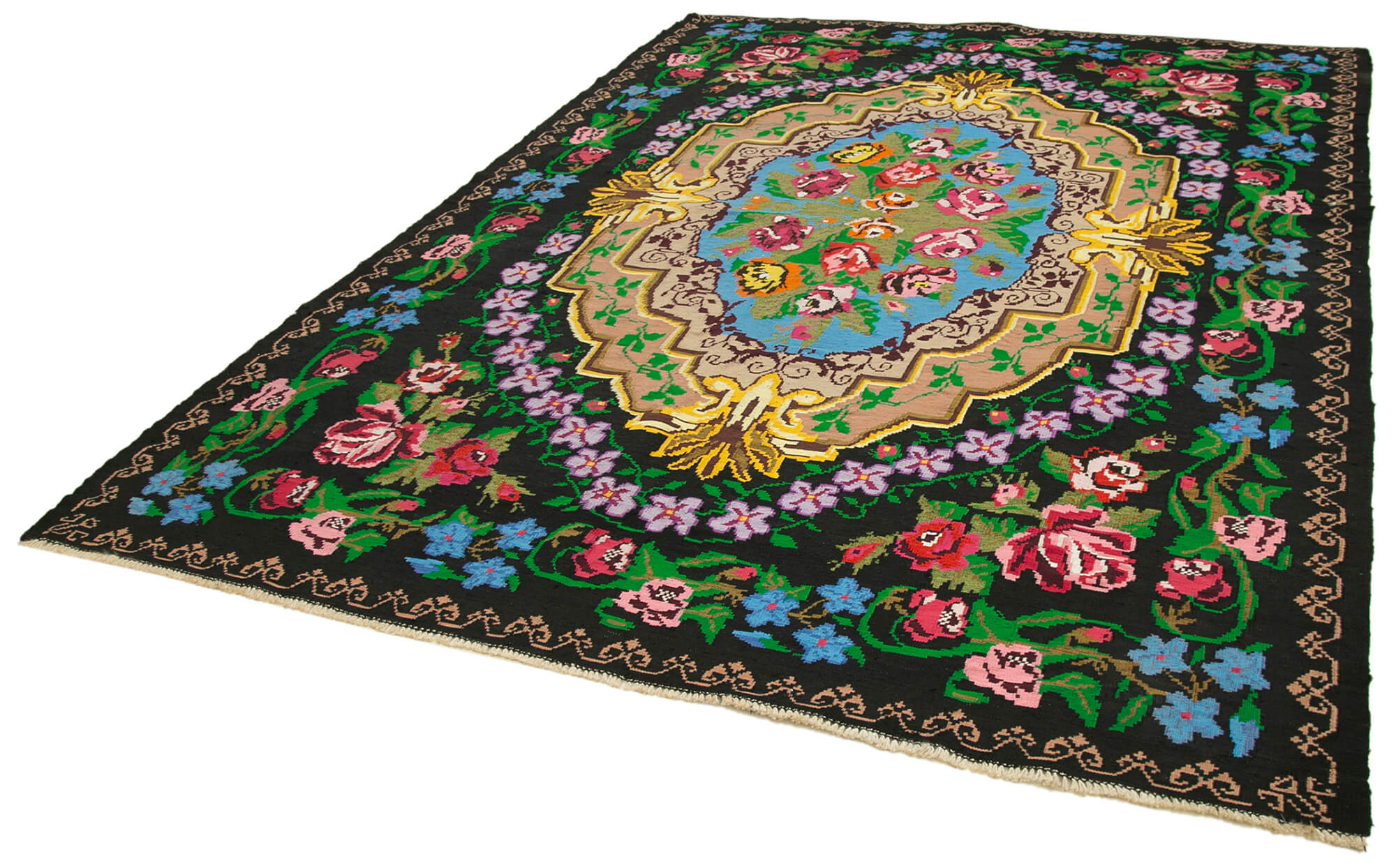 Handmade Wool Rug - Black Floral Design Vintage Hand Woven Rug 7'7''x10'4''