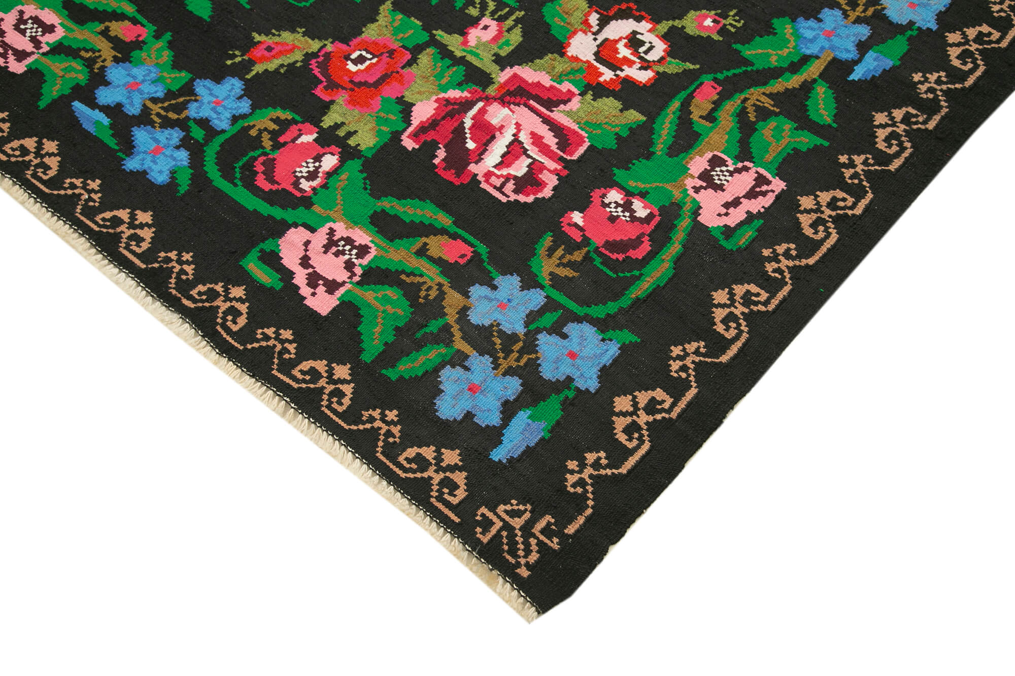 Handmade Wool Rug - Black Floral Design Vintage Hand Woven Rug 7'7''x10'4''