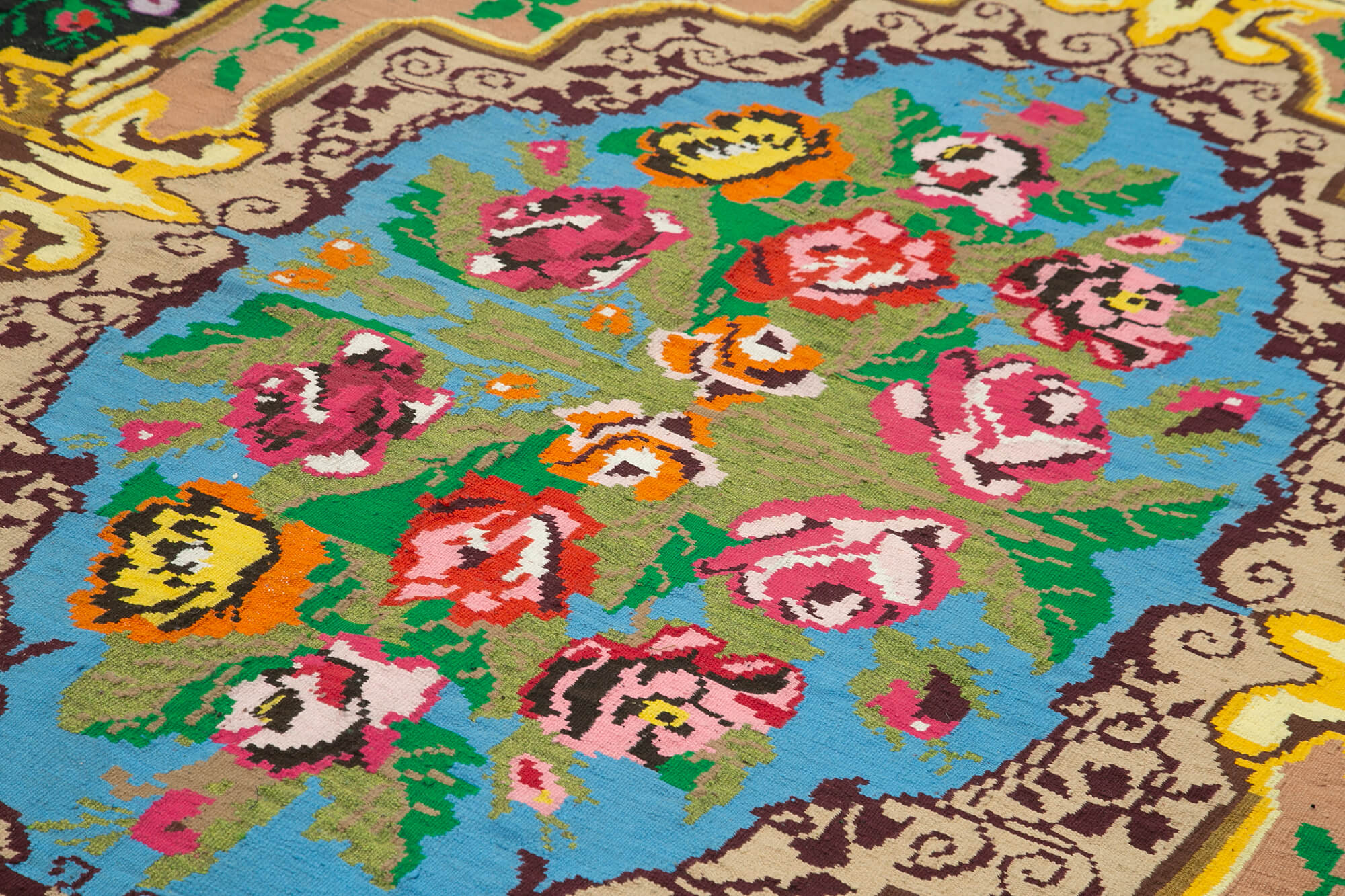 Handmade Wool Rug - Black Floral Design Vintage Hand Woven Rug 7'7''x10'4''