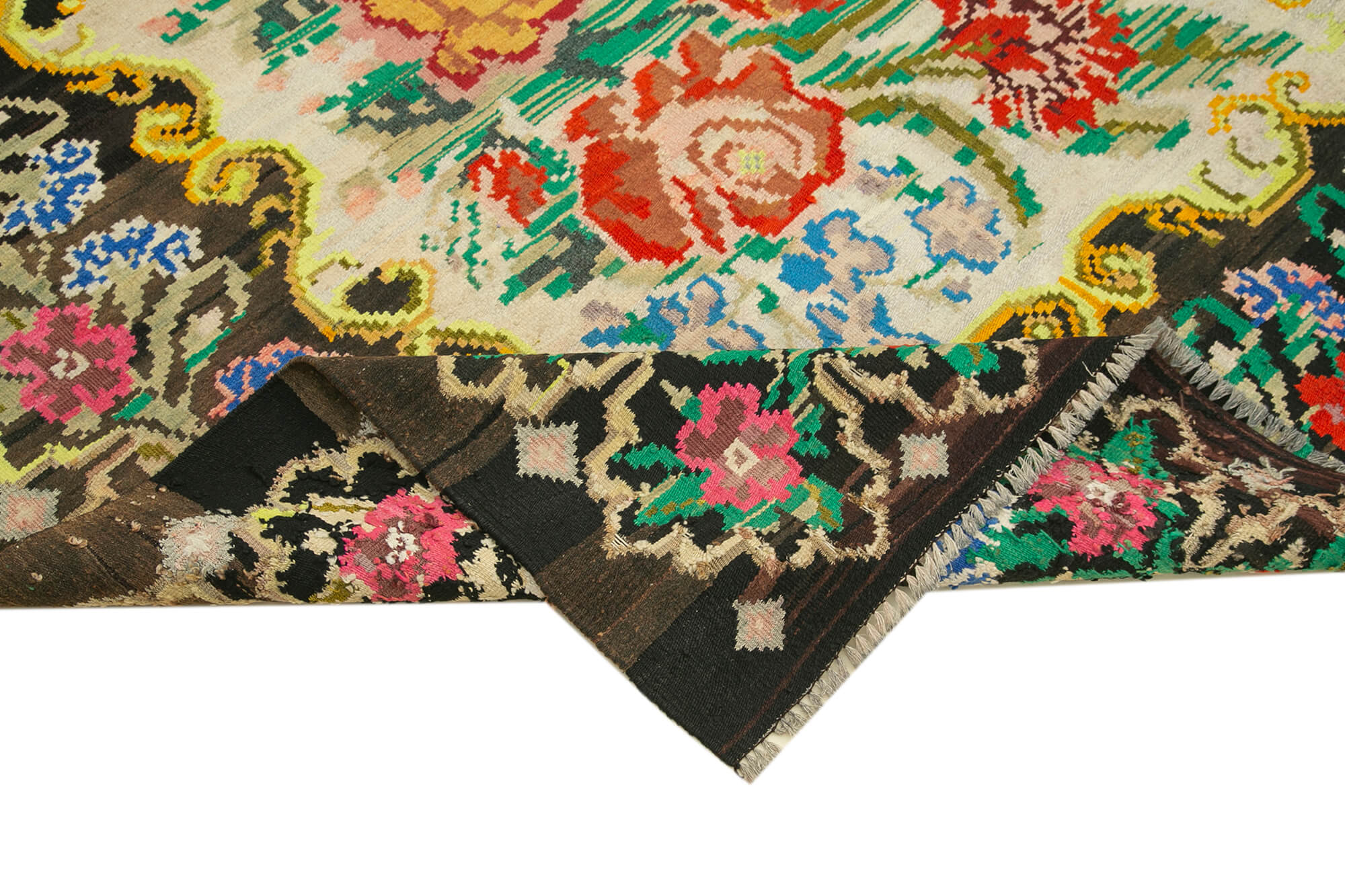 Handmade Wool Rug – Vintage Area Rug with Black Floral Design | Cotton Wool Blend & Goat Hair
