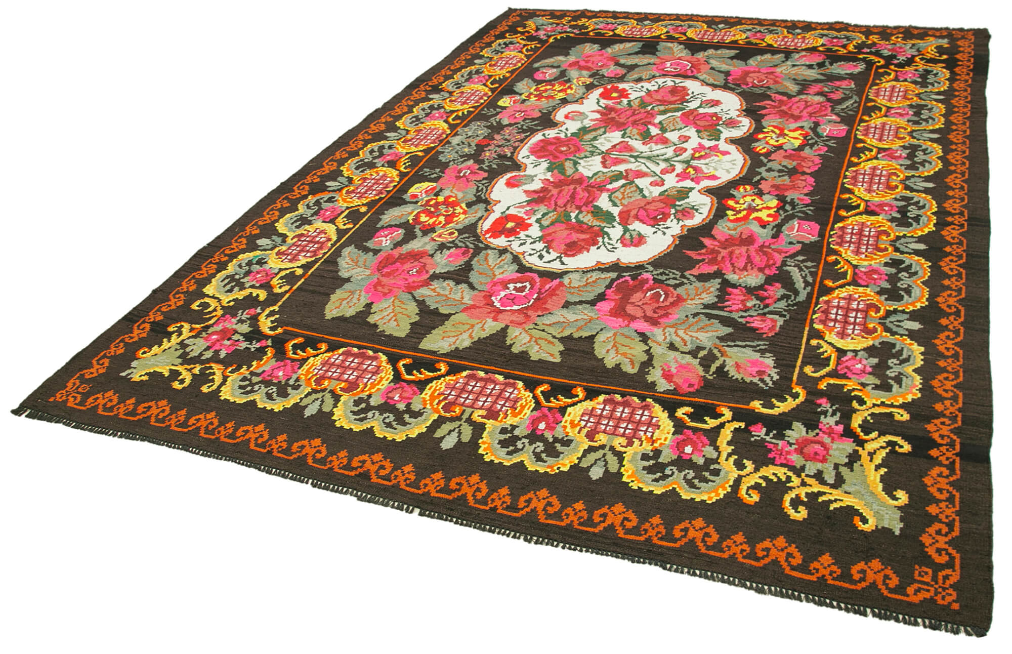 Handmade Wool Rug - Moldovian Black Floral Cotton Wool Blend Area Rug 7'2''x10'8''