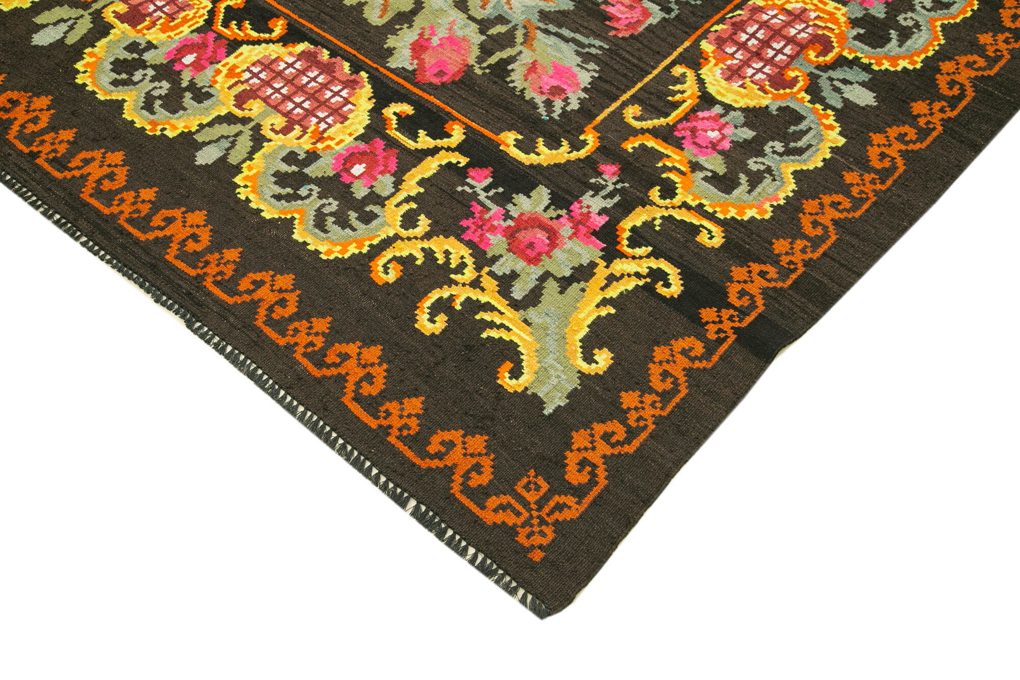 Handmade Wool Rug - Moldovian Black Floral Cotton Wool Blend Area Rug 7'2''x10'8''