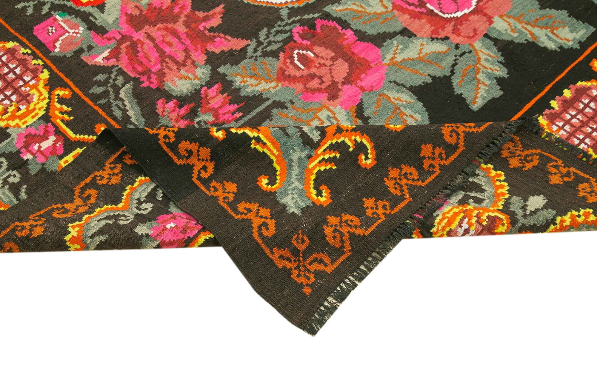 Handmade Wool Rug - Moldovian Black Floral Cotton Wool Blend Area Rug 7'2''x10'8''