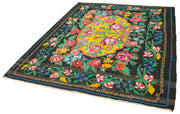 Handmade Wool Rug - Vintage Area Rug | Black Floral Cotton & Goat Hair Carpet 6'6''x7'7''