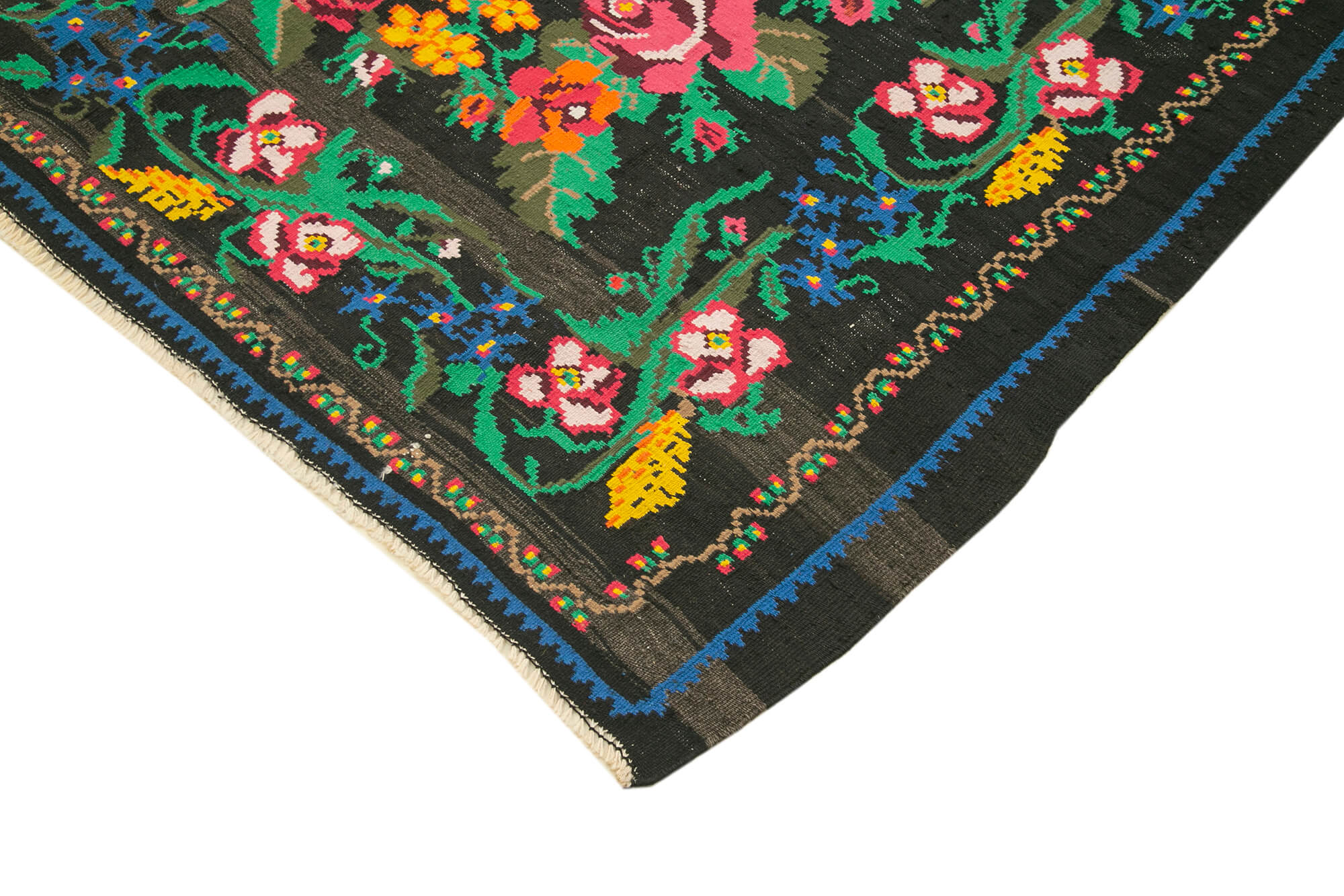 Handmade Wool Rug - Vintage Area Rug | Black Floral Cotton & Goat Hair Carpet 6'6''x7'7''