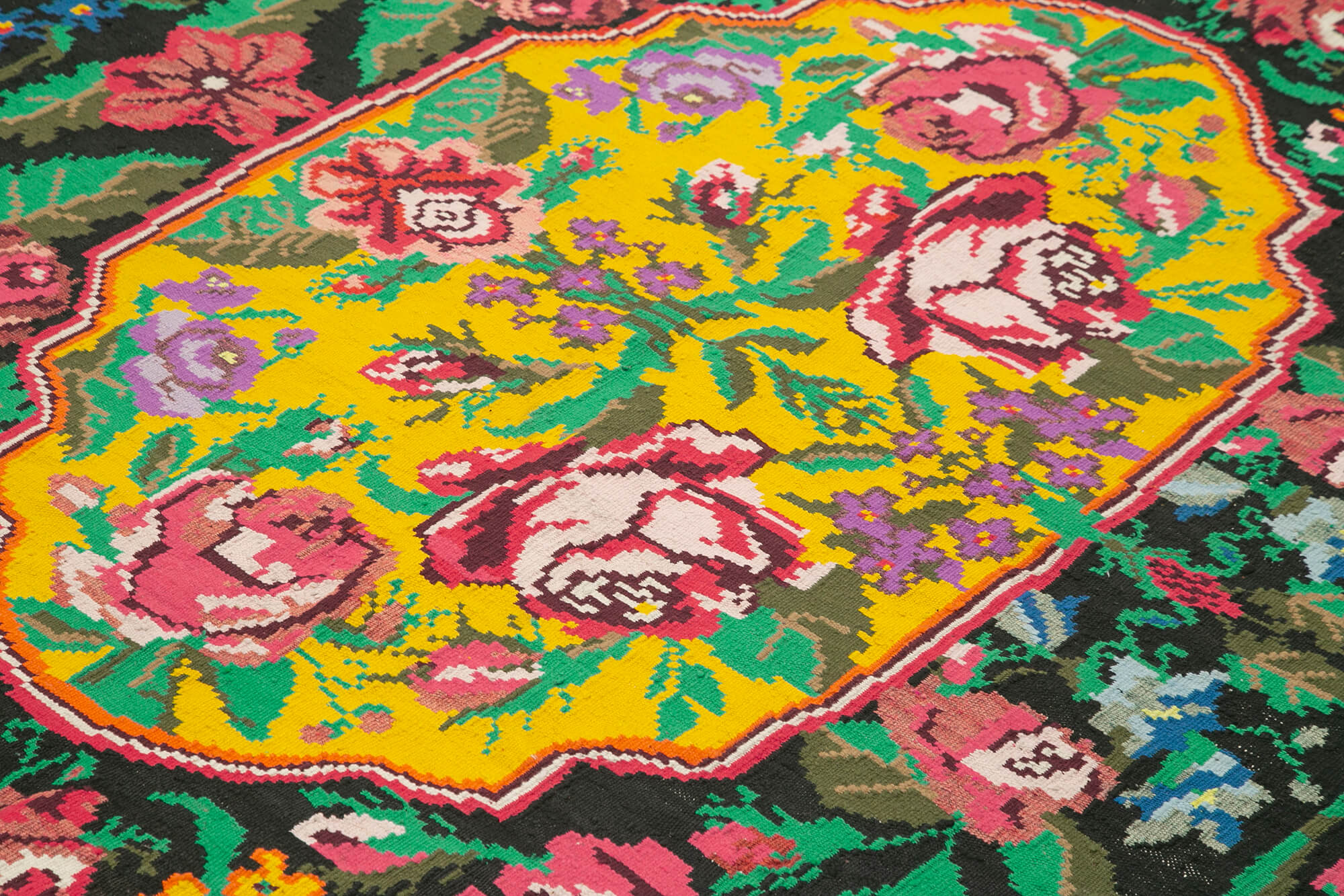 Handmade Wool Rug - Vintage Area Rug | Black Floral Cotton & Goat Hair Carpet 6'6''x7'7''