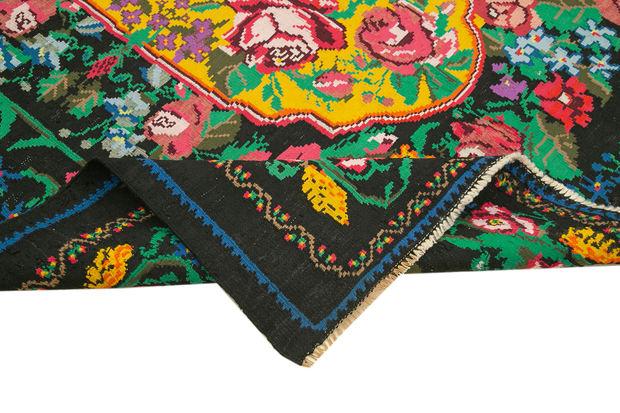 Handmade Wool Rug - Vintage Area Rug | Black Floral Cotton & Goat Hair Carpet 6'6''x7'7''