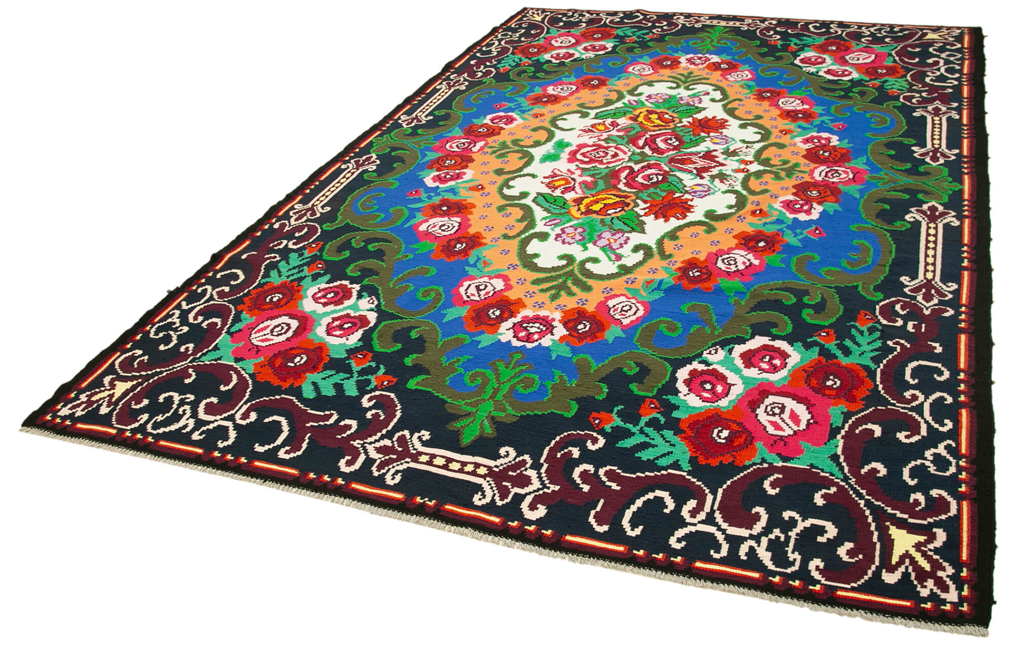 Handmade Wool Rug - Moldovian Black Floral Cotton Wool Carpet 7'1''x11'0''
